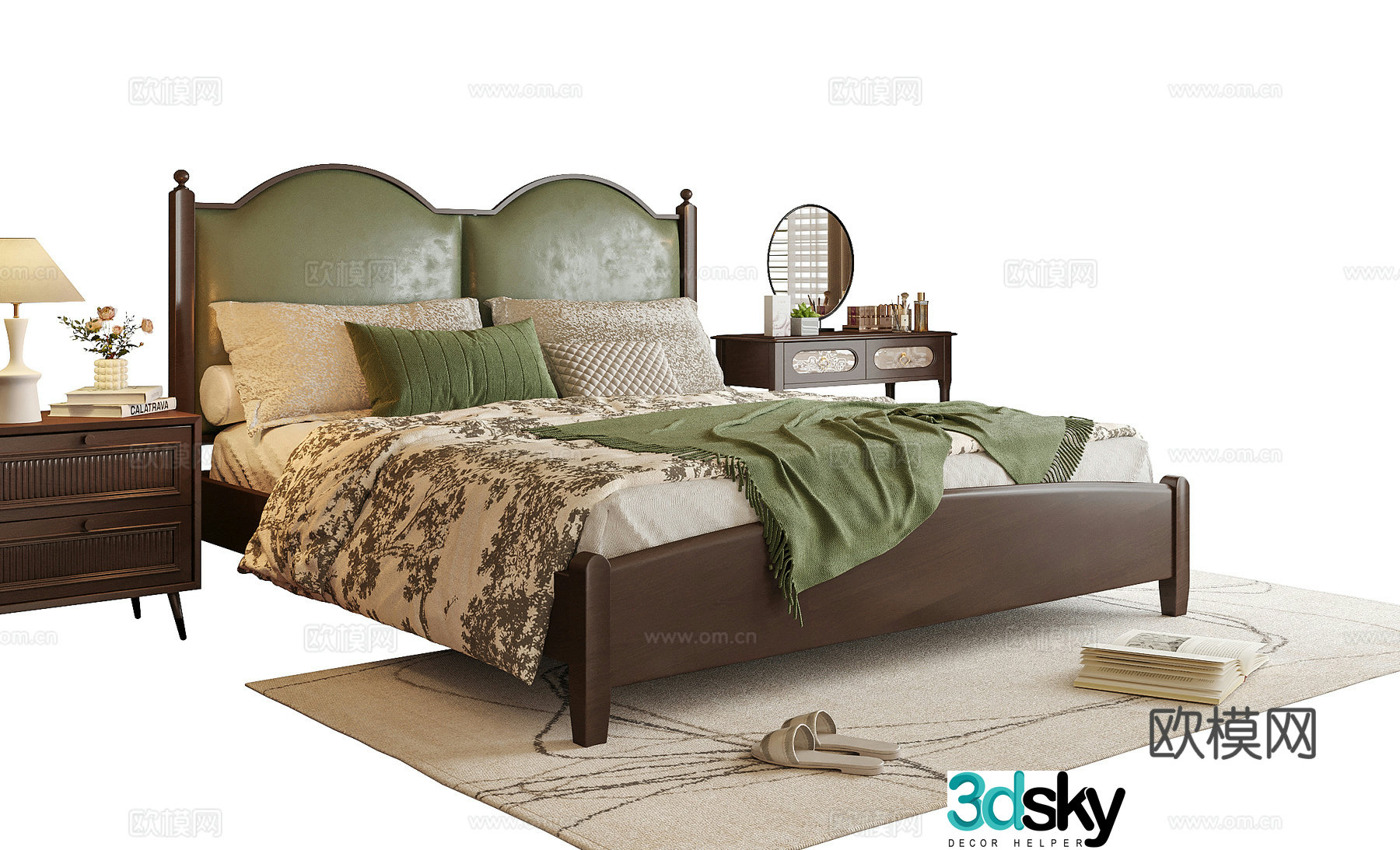 American double bed dressing table bedside table 3d model