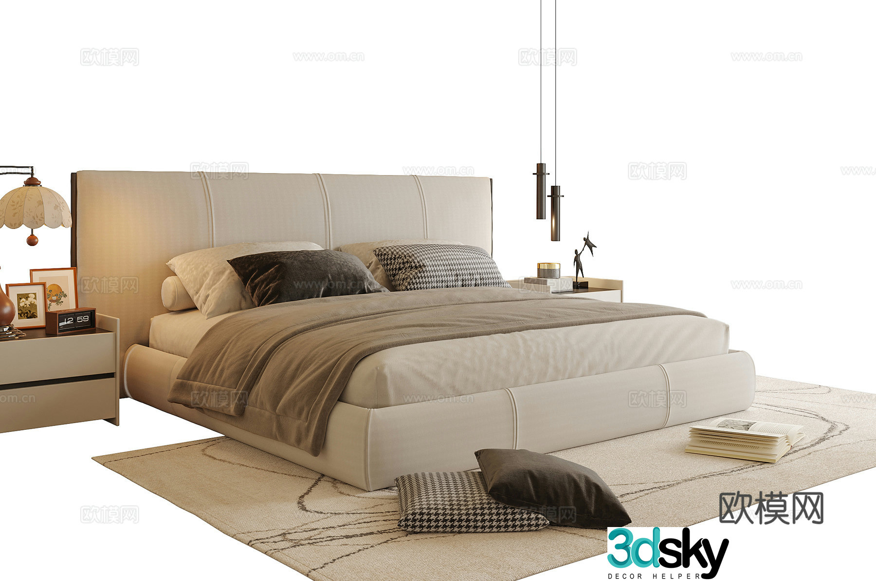 Modern double bed bedside table bedside chandeliers 3d model