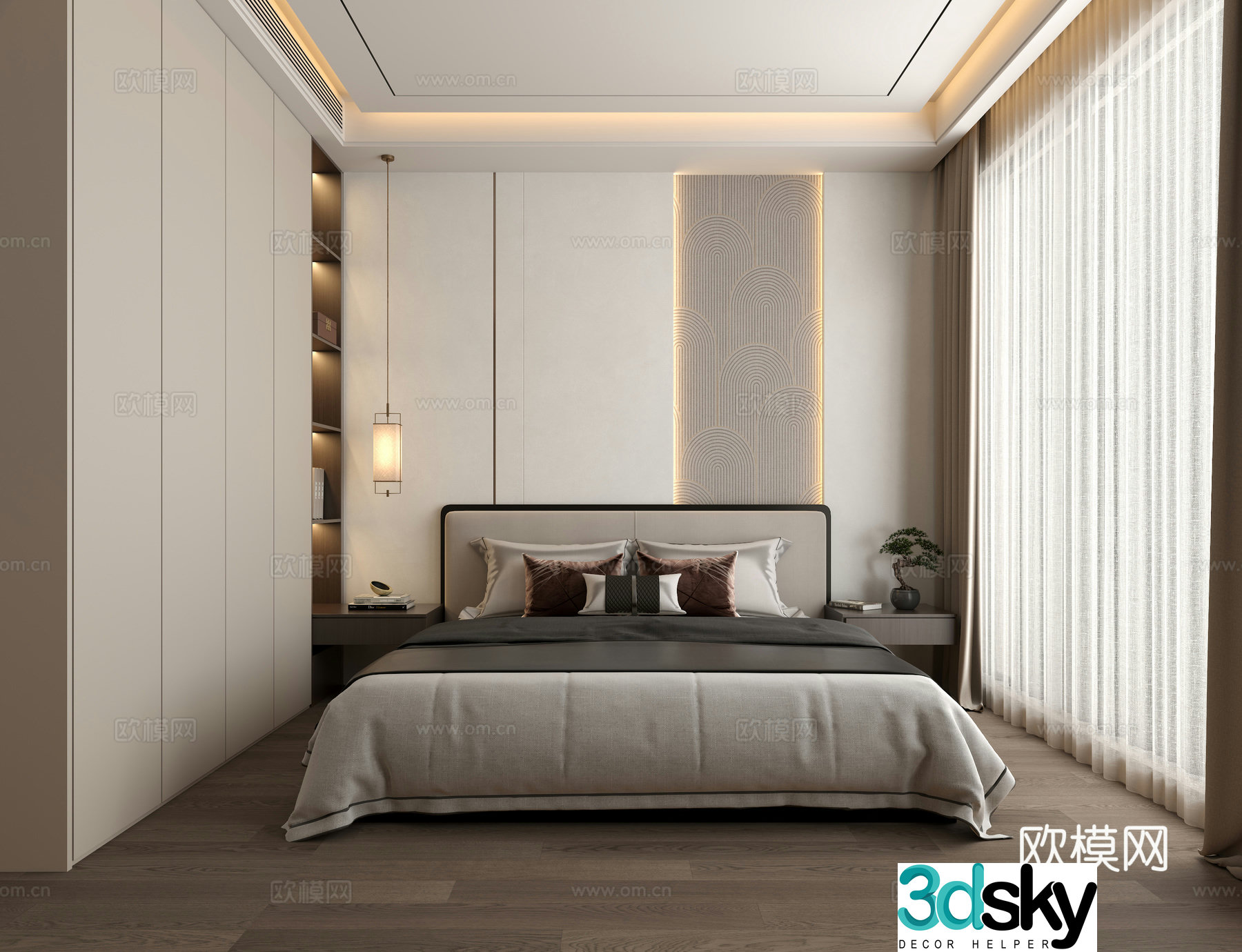 New Chinese style master bedroom bedroom bedside background 3d model