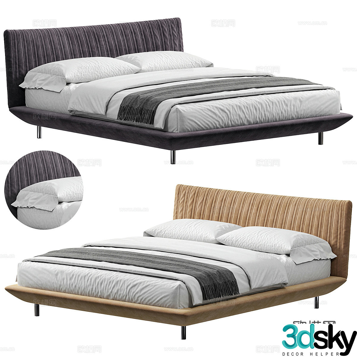 Modern minimalist fabric double bed 3D model