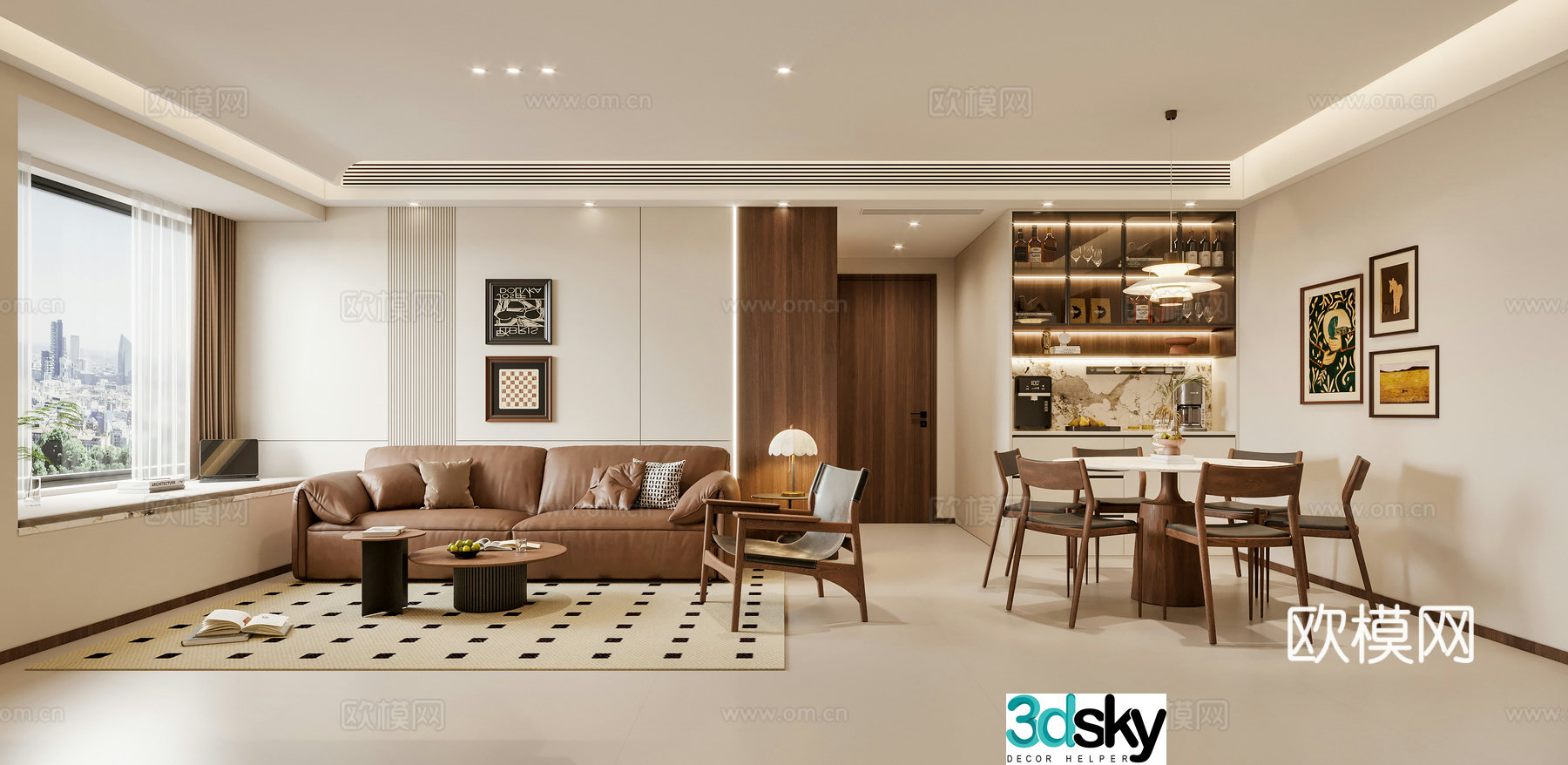 Medium cream style dining room sofa combination dining table and chair combination chandelier wine cabinet hanging painting 3d model