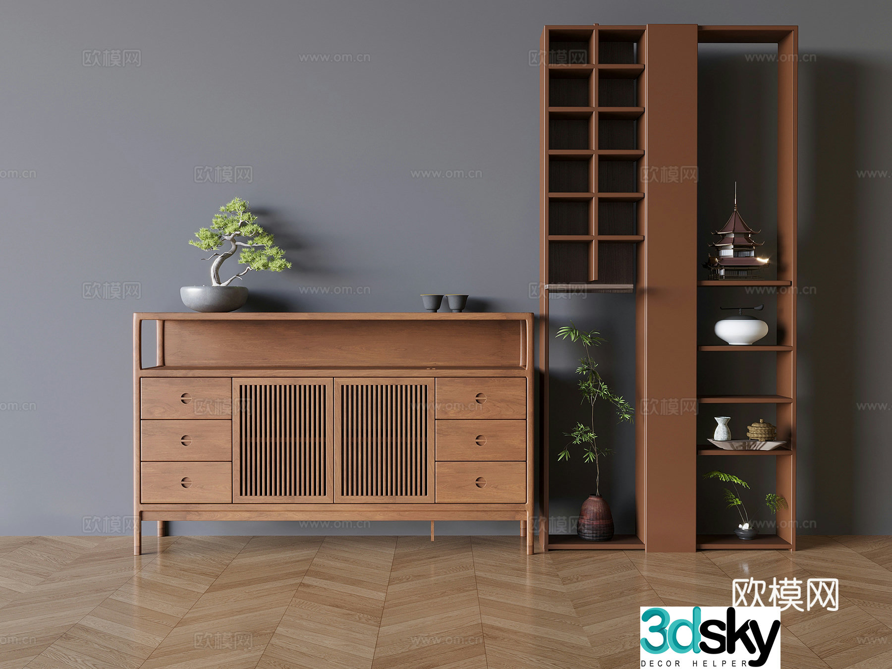 Medium style dining side storage cabinet side cabinet entrance cabinet storage cabinet solid wood ancient shelf tea cabinet 3D model
