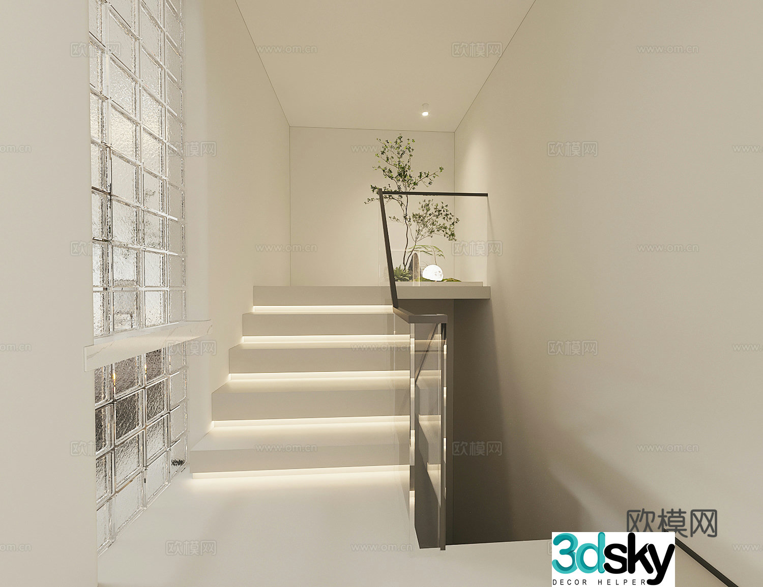 Stair landscape green plant landscaping stair handrail partition glass brick 3D model
