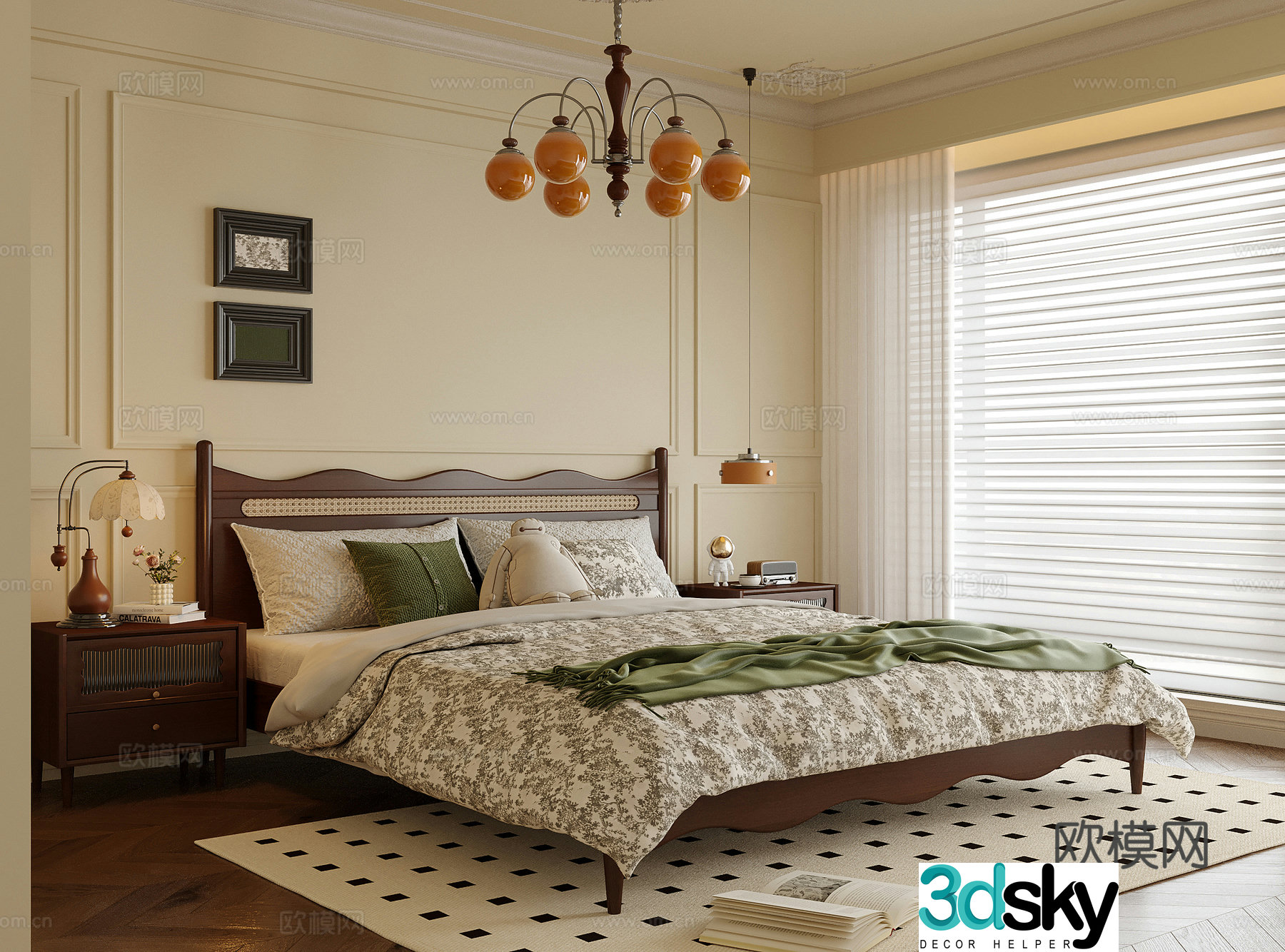 French bedroom double bed nightstand bedroom chandeliers 3d model