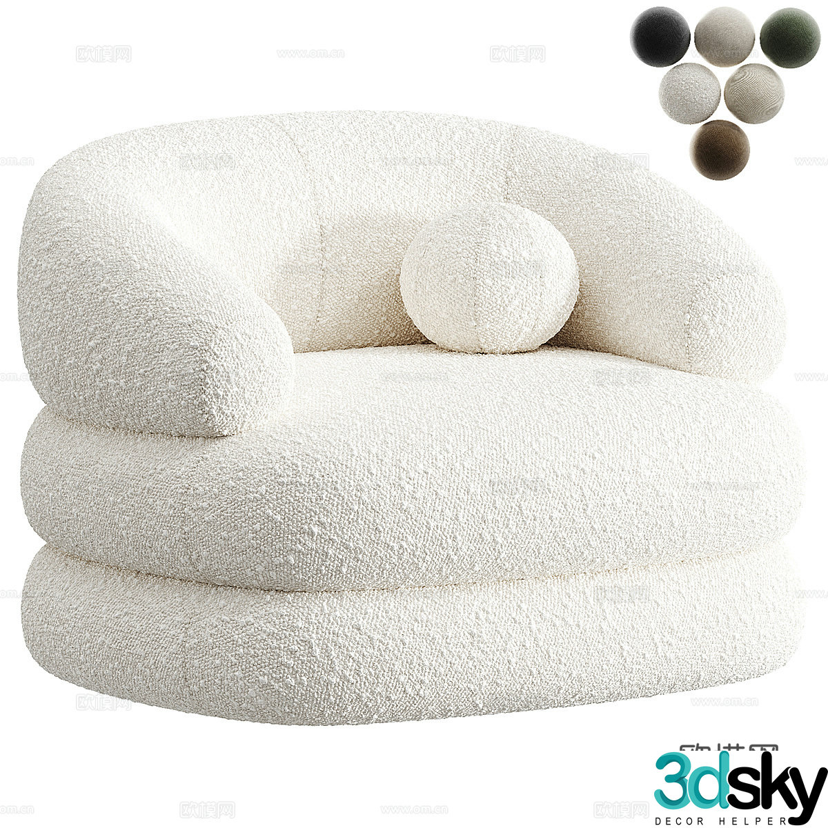 Modern cream style round fabric armchair 3d model