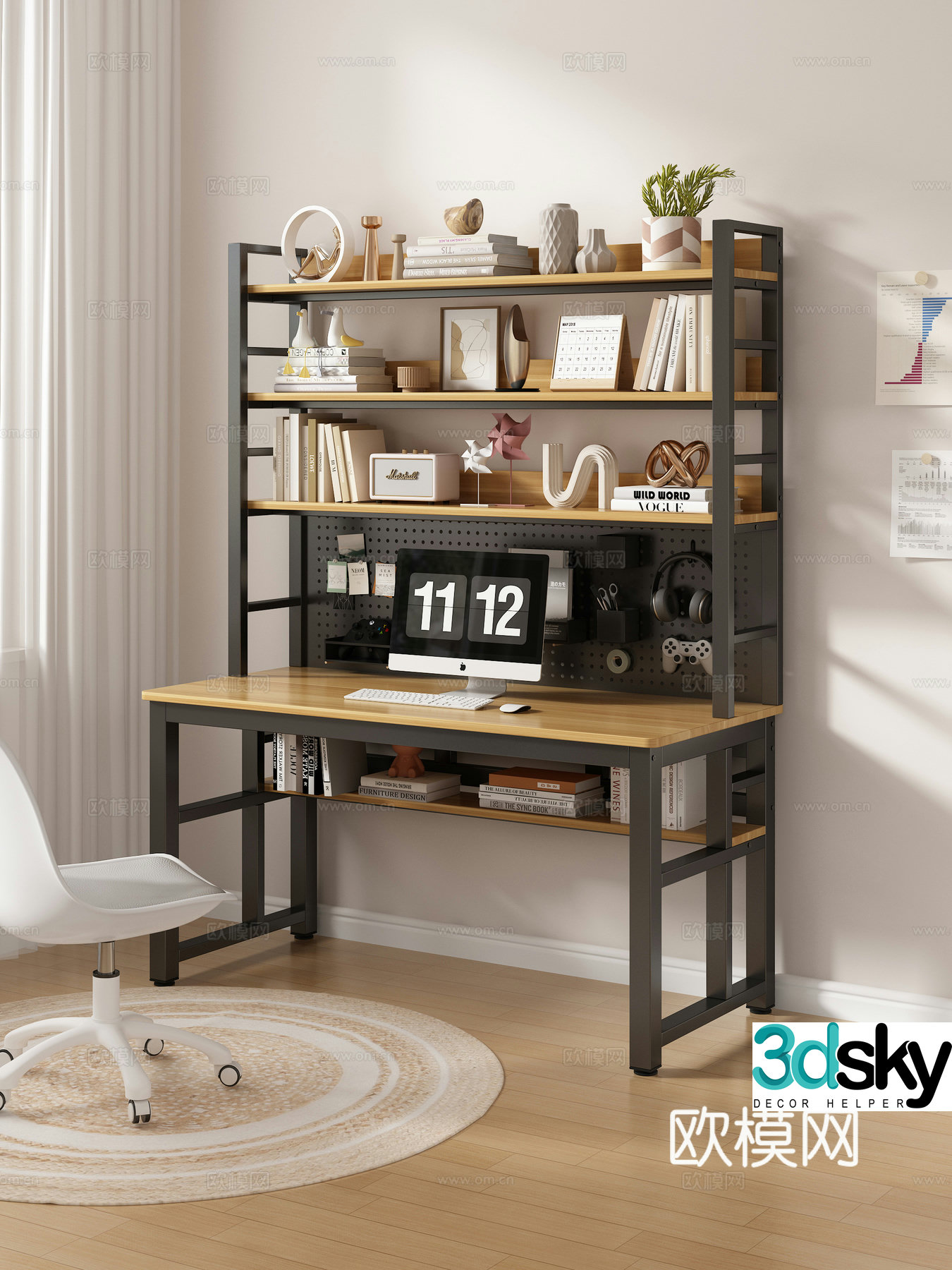 Computer desk and chair desk and chair office supplies ornament combination hole board 3D model