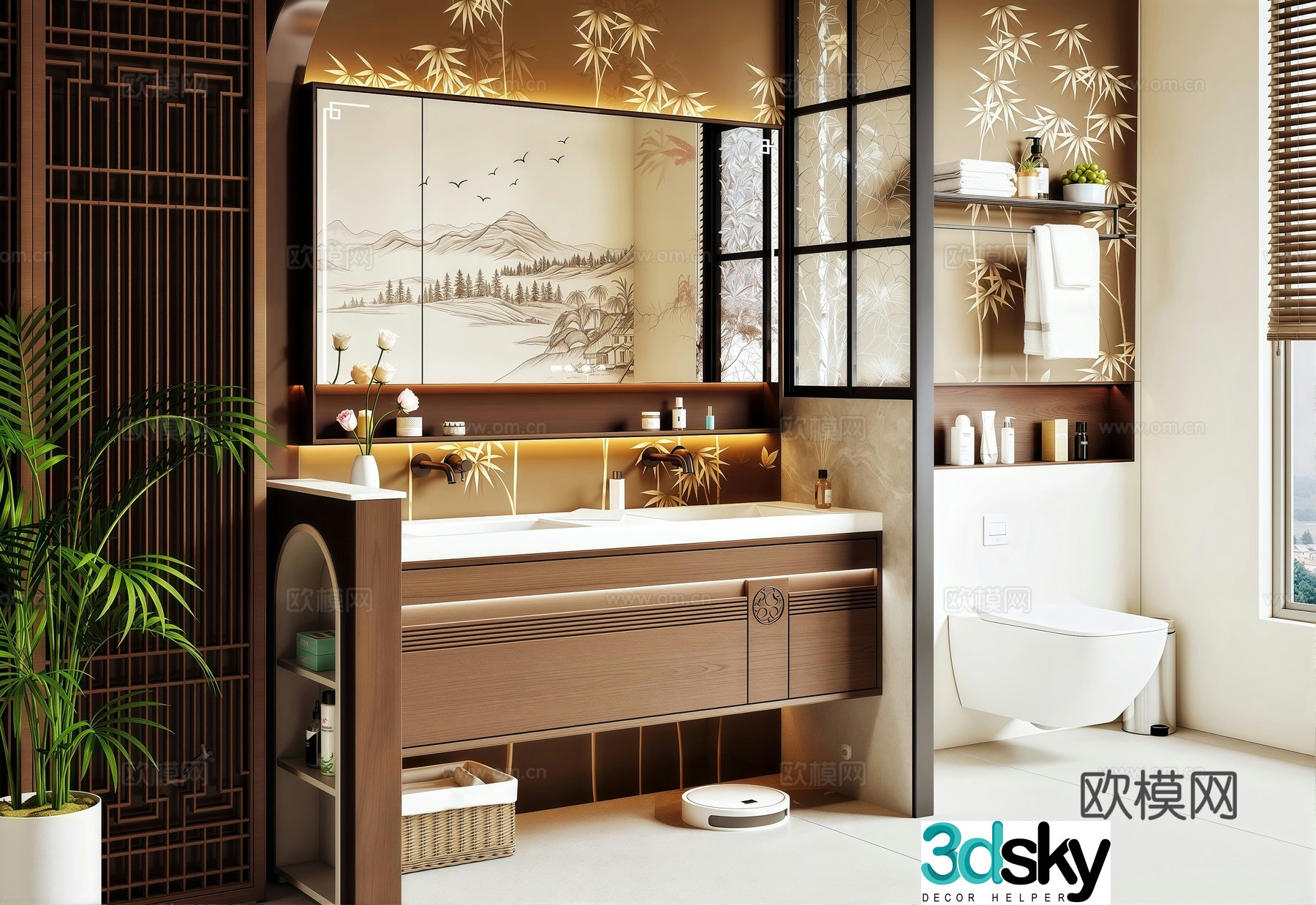 New Chinese Song style bathroom bathroom cabinet toilet partition glass plant potted bath towel rack 3D model
