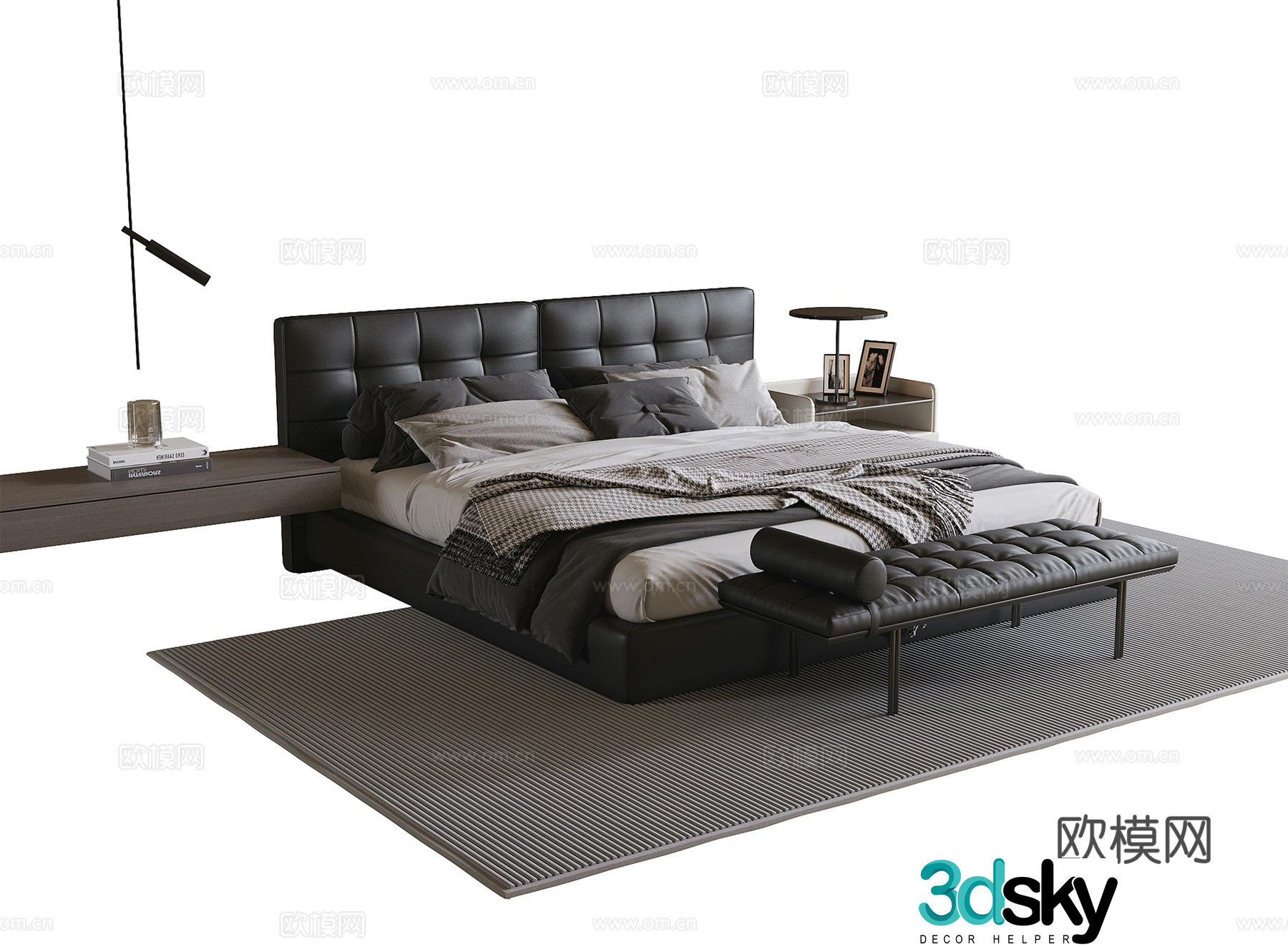 Modern double bed bed tail stool bedside table leather bed 3D model
