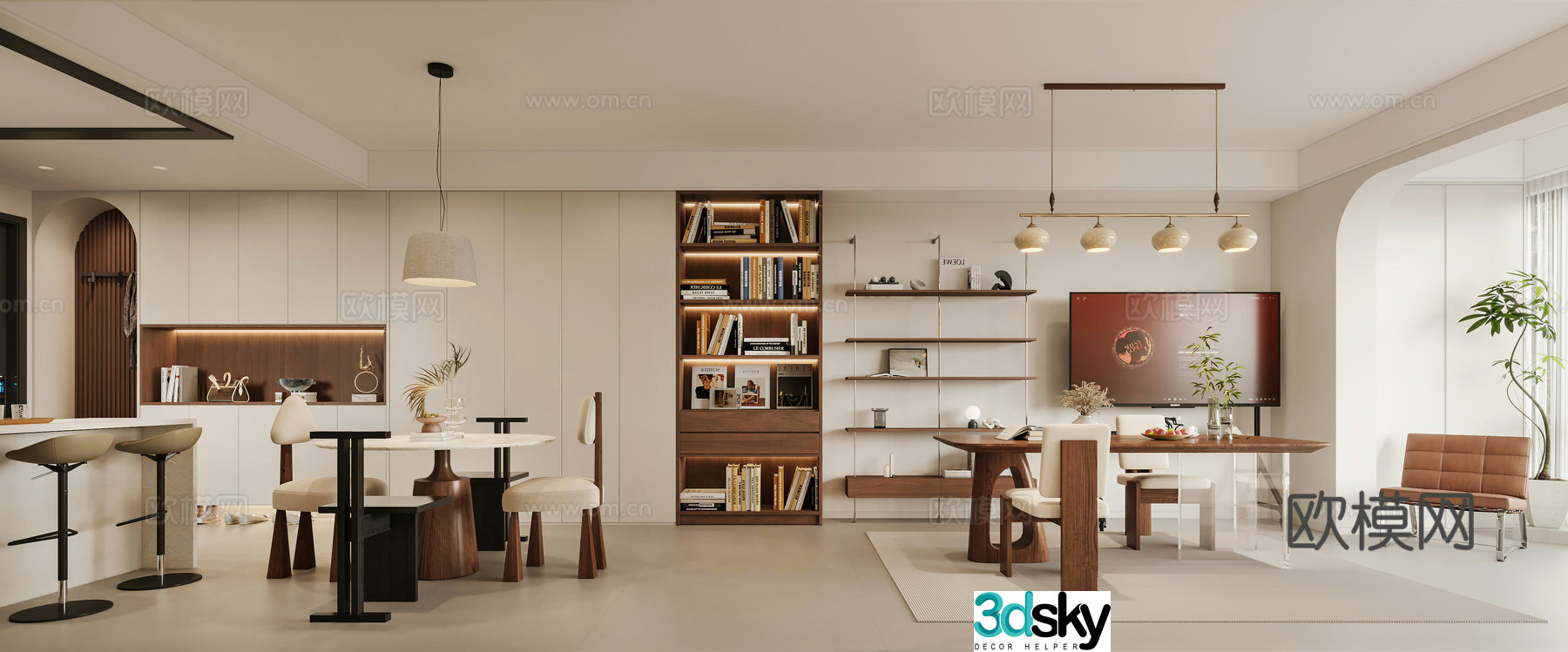 Medium cream style dining room dining table and chair kitchen shoe cabinet wine cabinet bookshelf 3D model