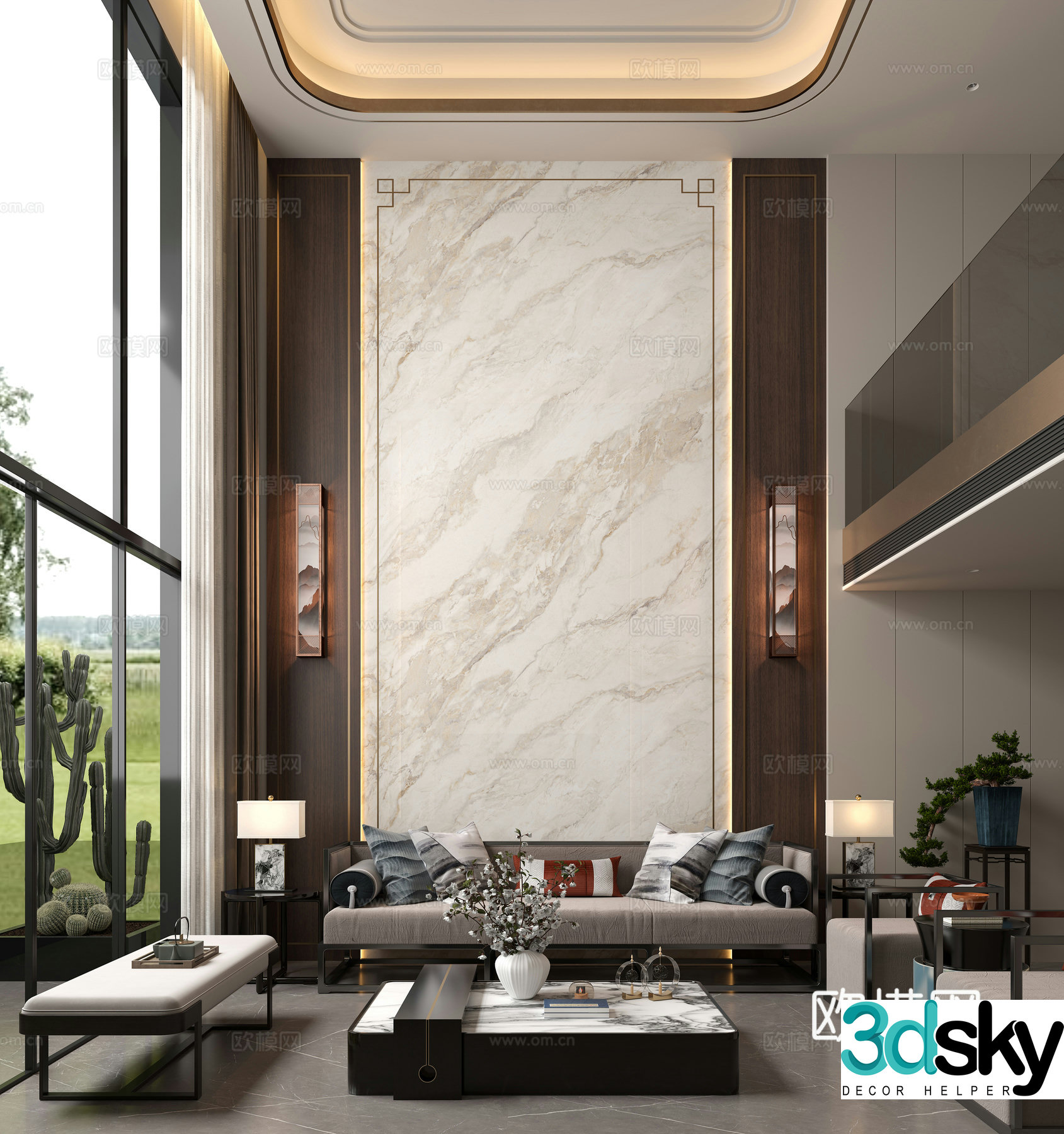 New Chinese style sofa background Villa sofa background Hollow villa Hollow sofa background 3d model