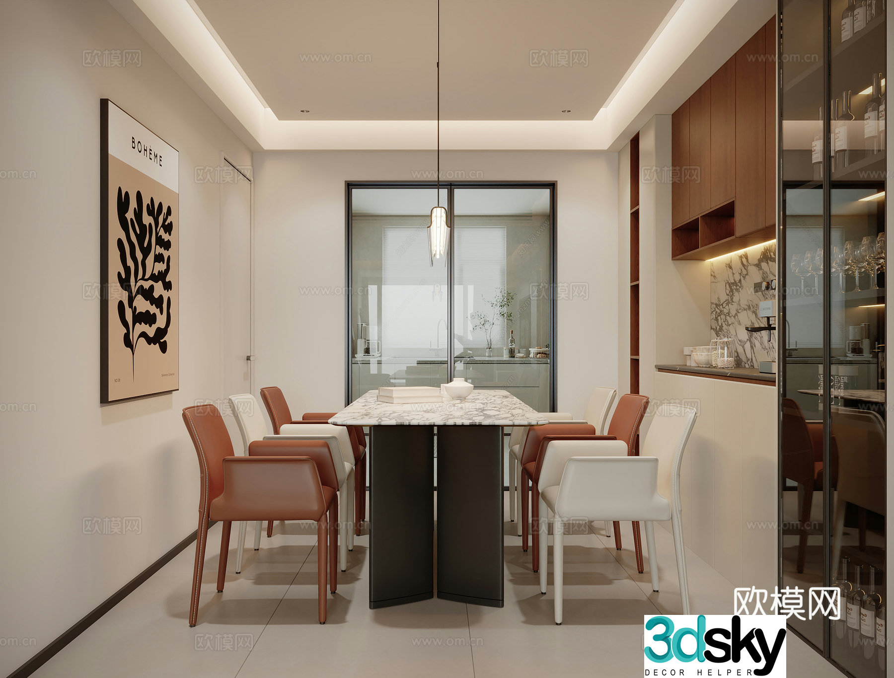 Modern restaurant Dining table Wine cabinet Simple restaurant Modern living restaurant Chandelier Creamy restaurant 3d model