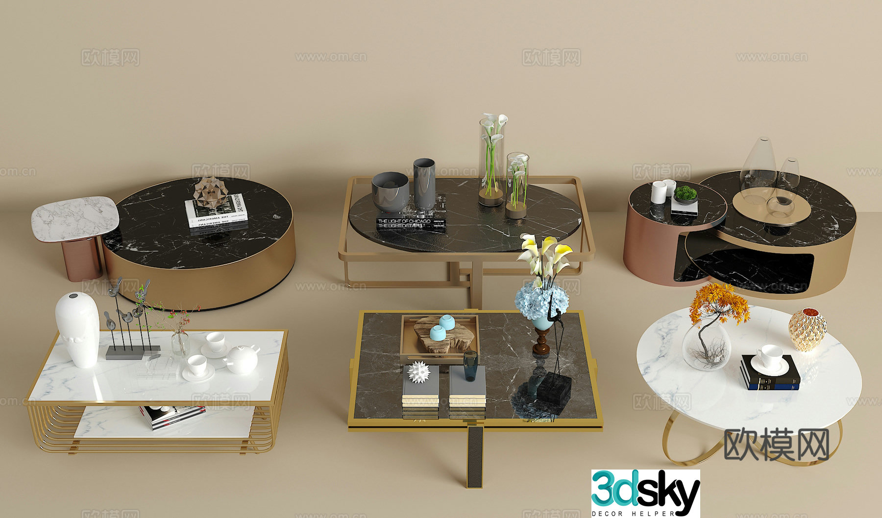 Coffee table combination green plants jewelry ornaments book 3d model