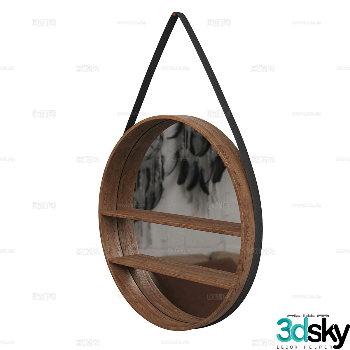 New Chinese style wooden decorative hanging mirror round mirror 3D model