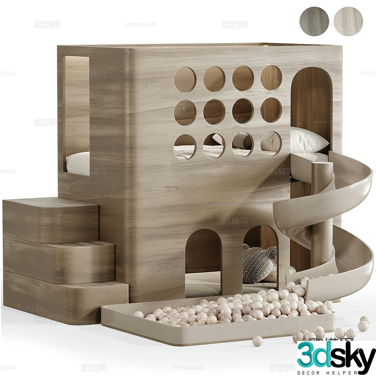 Modern creamy style children’s bed slide bed high and low bed 3D model