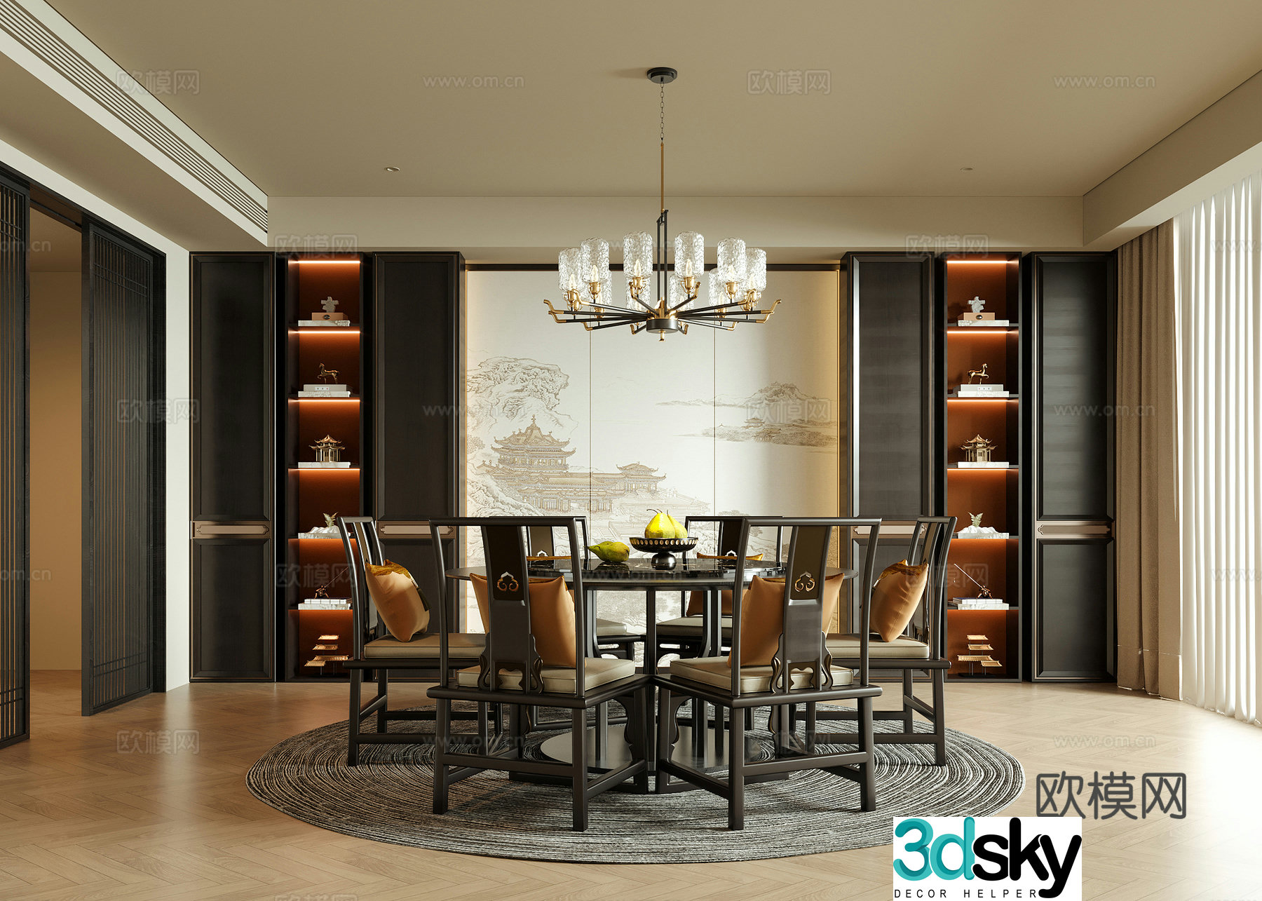New Chinese restaurant Dining table and chairs Round dining table and chairs Dining chairs Restaurant chandeliers 3D model