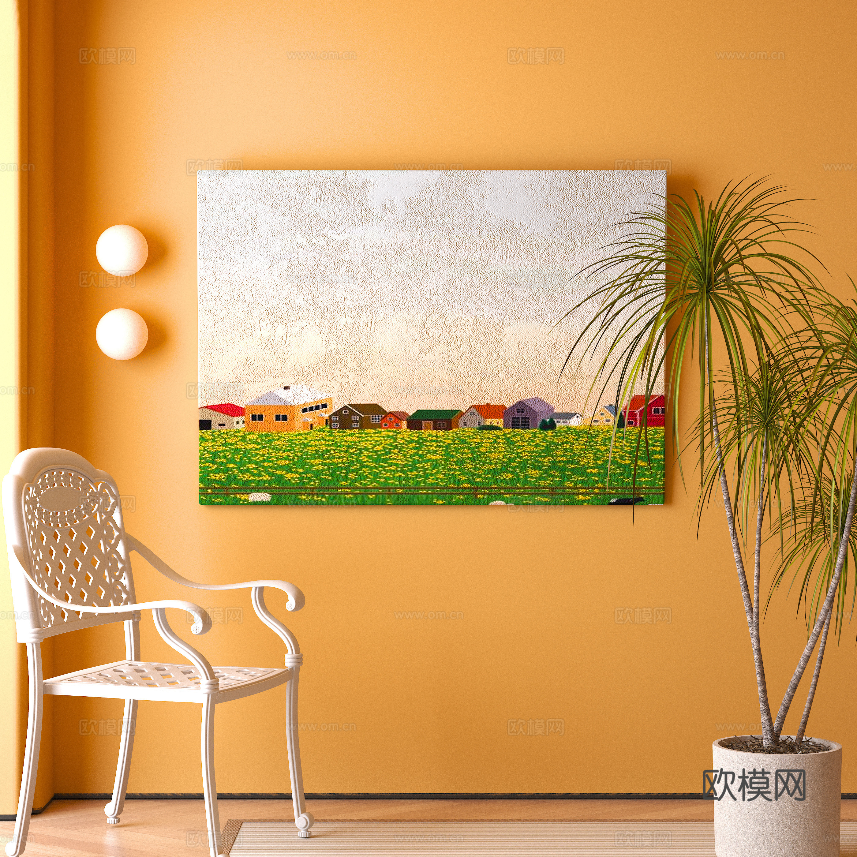 Modern decorative paintings leisure chairs green plants potted plants 3D model
