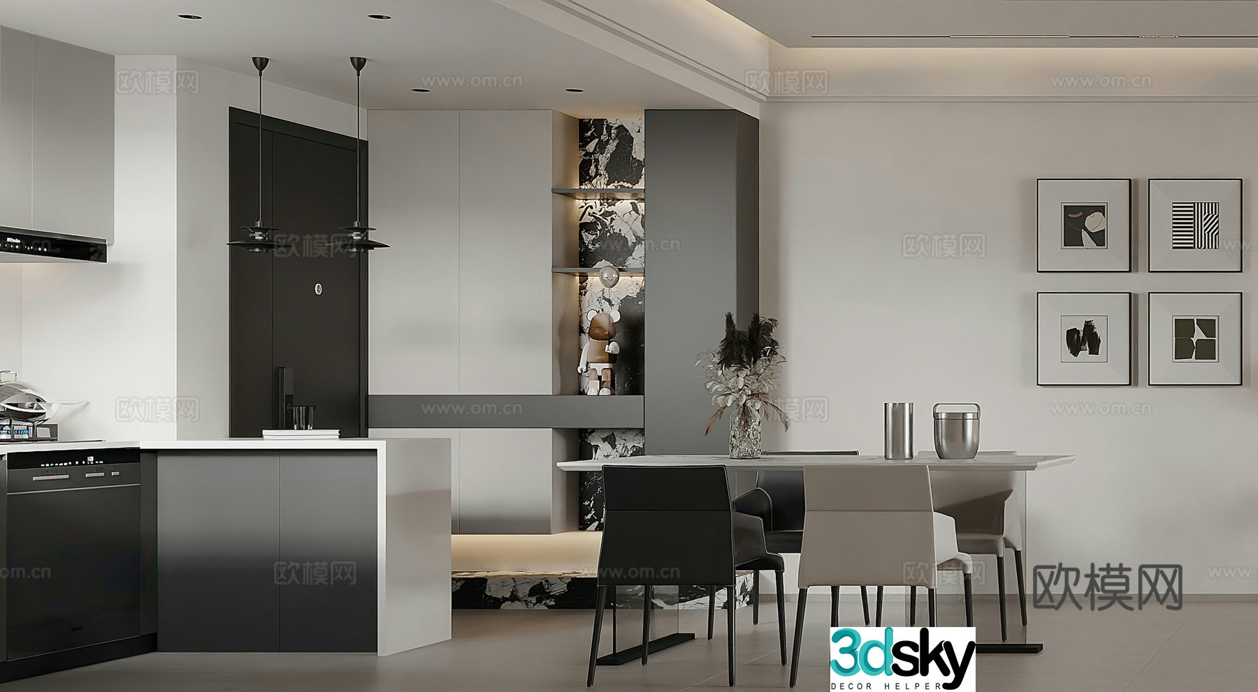 Modern restaurant bar shoe cabinet wine cabinet dining table high-end gray restaurant black and white gray restaurant 3d model