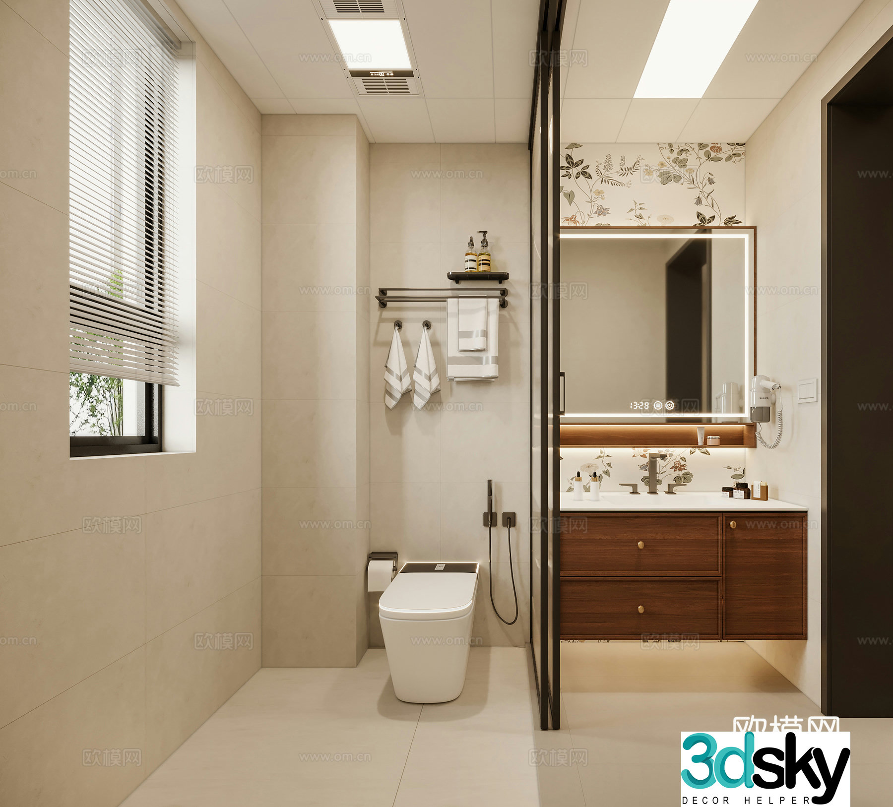 Medium cream style bathroom sink mirror toilet towel rack 3d model