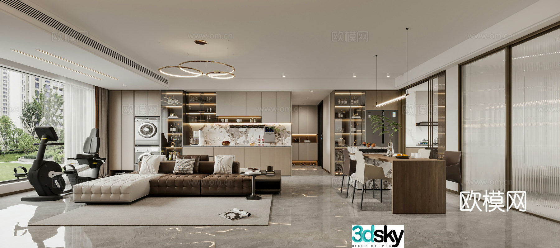Modern Italian dining room sofa combination dining table and chair combination wine cabinet sideboard TV wall 3D model