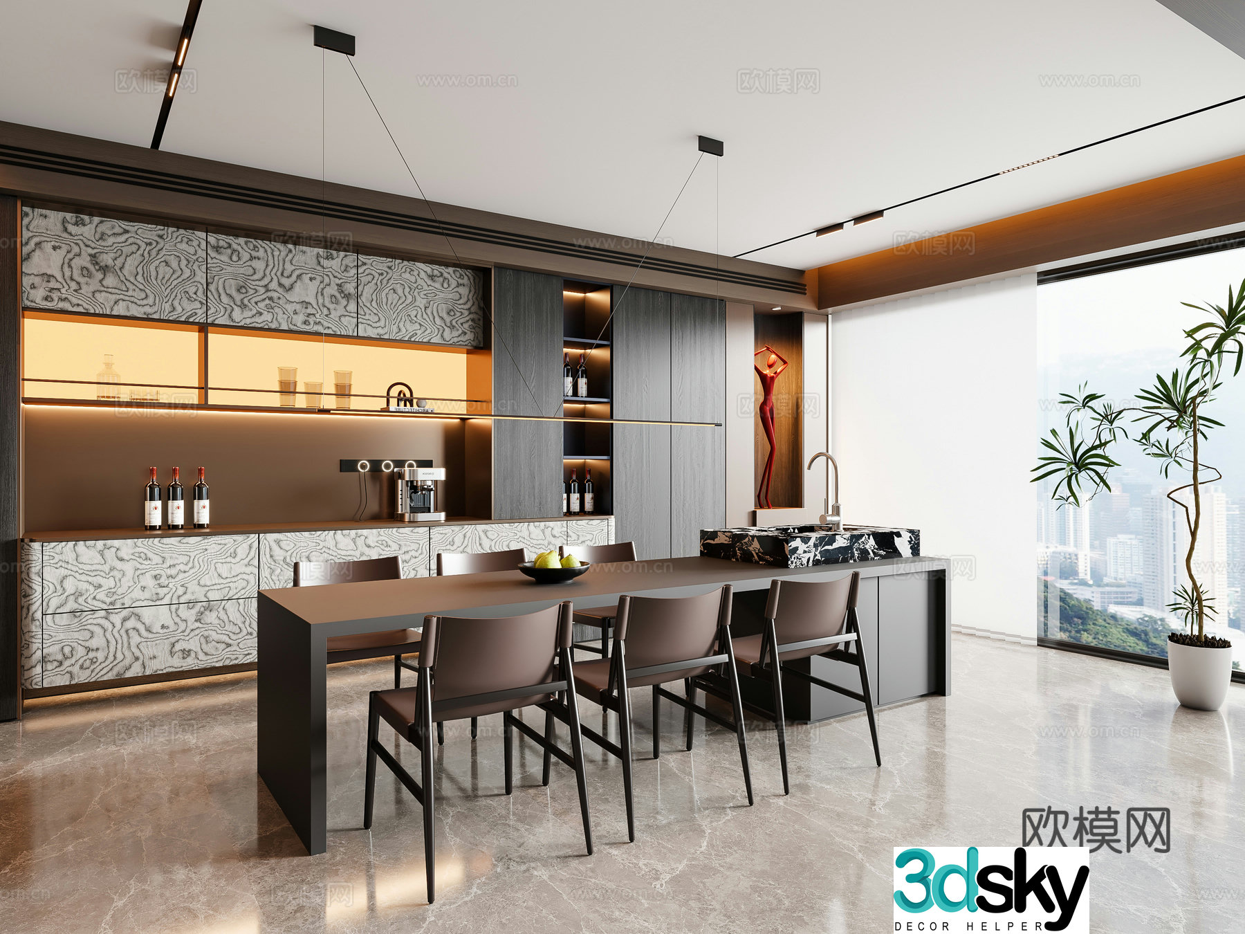 Modern Italian restaurant island dining table and chair chandeliers wine cabinet sideboard 3D model