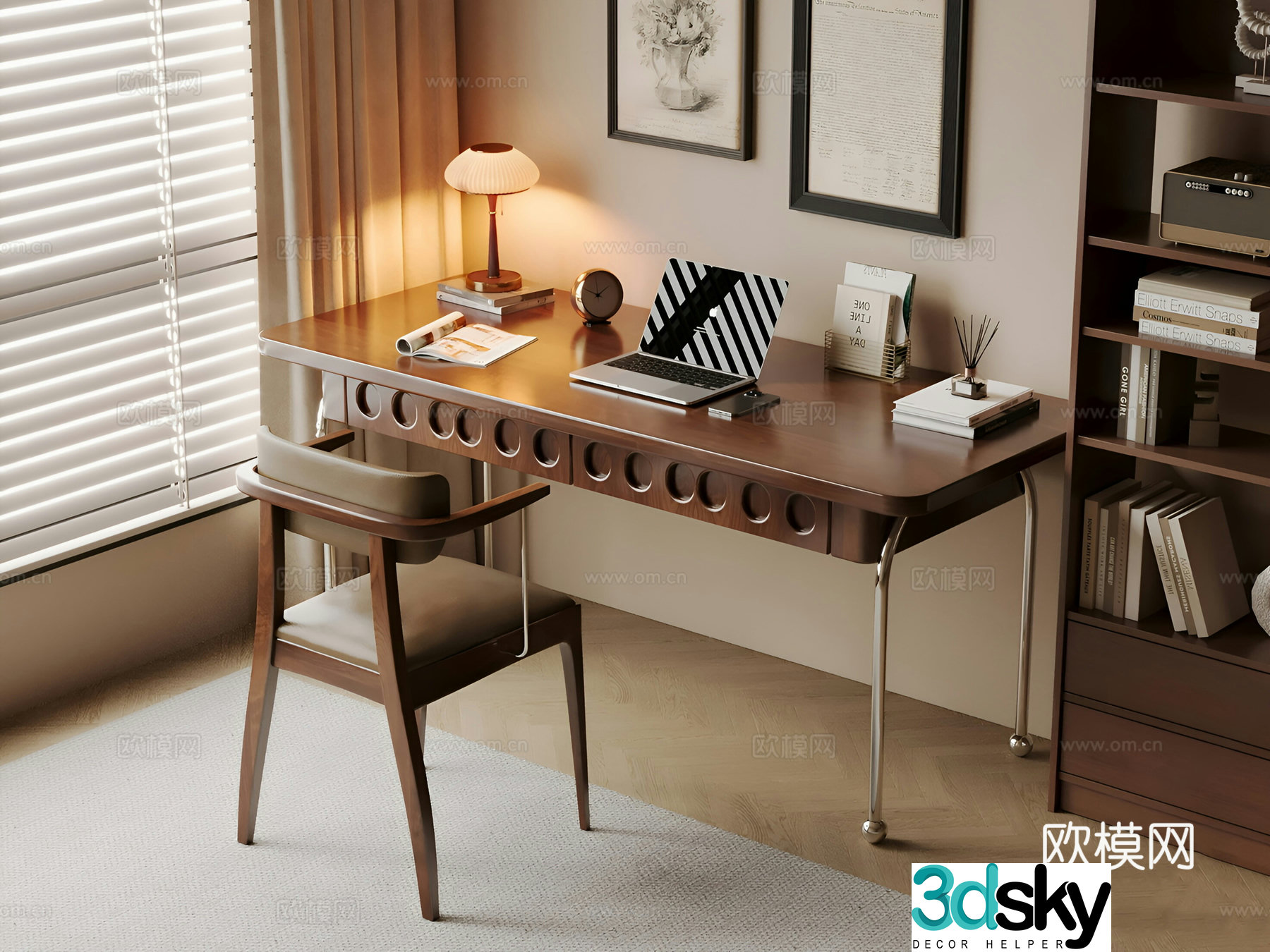 Medium retro desk and chair Solid wood computer desk and chair Study desk and desk Computer ornament combination Solid wood book 3D model