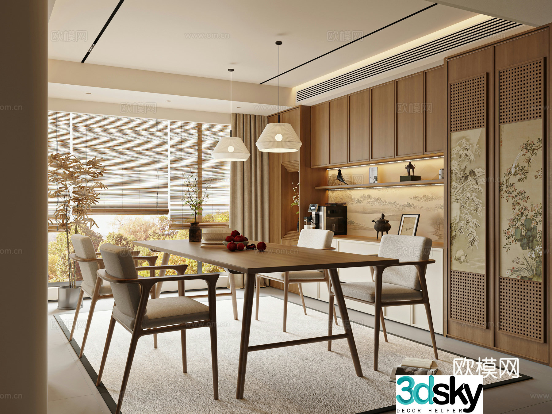 New Chinese Zen Restaurant Song’s Restaurant Dining Table and Chair Sideboard 3D Model