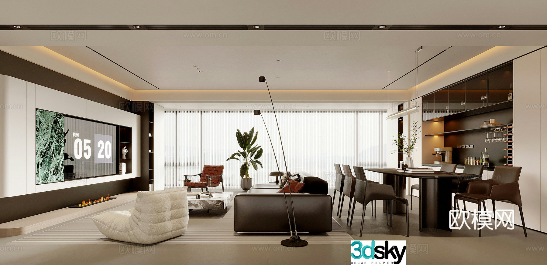 Modern living and dining room 3d model