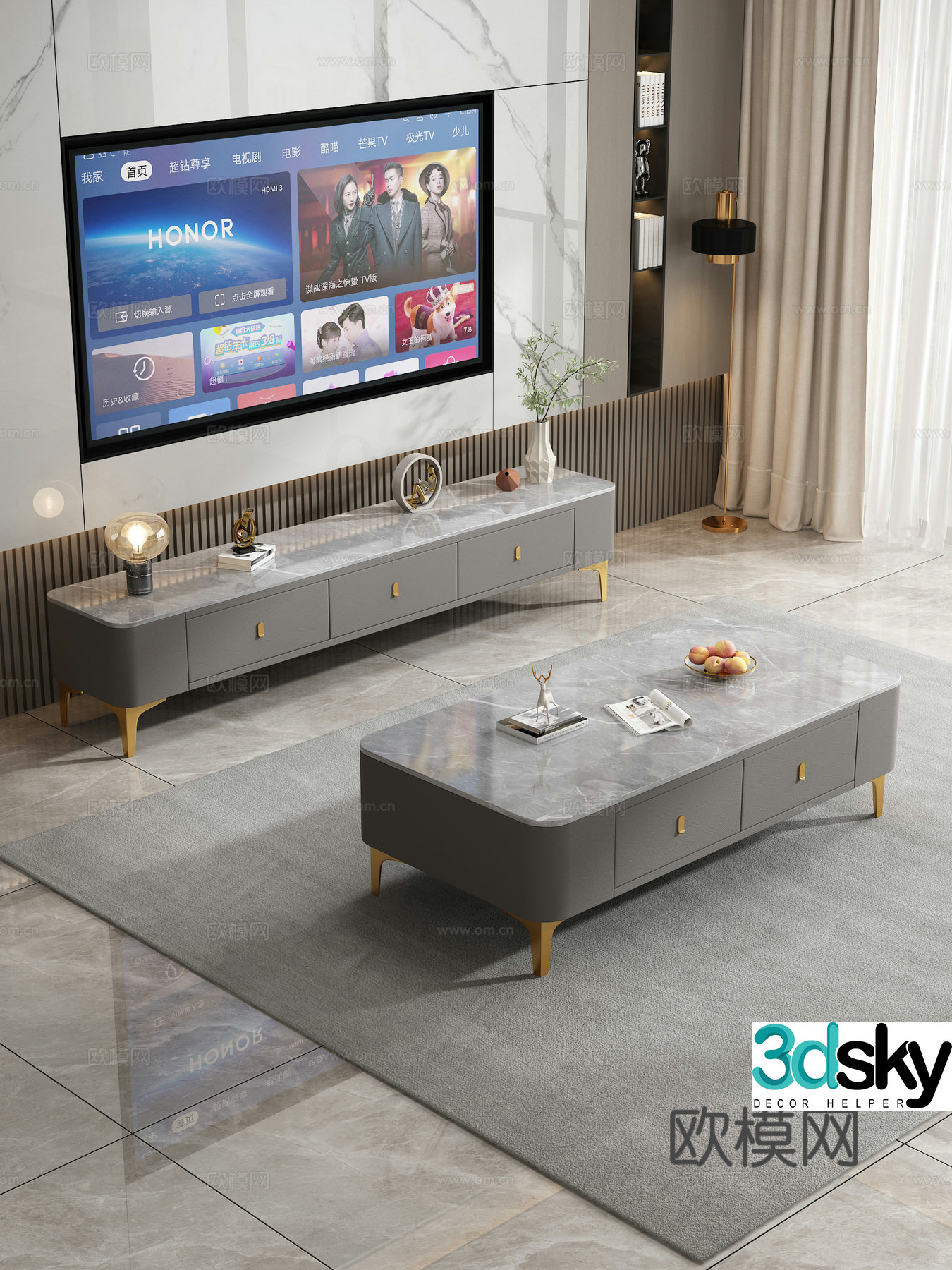 Rock slab tea table TV cabinet ornament combination fruit vase TV background wall 3d model