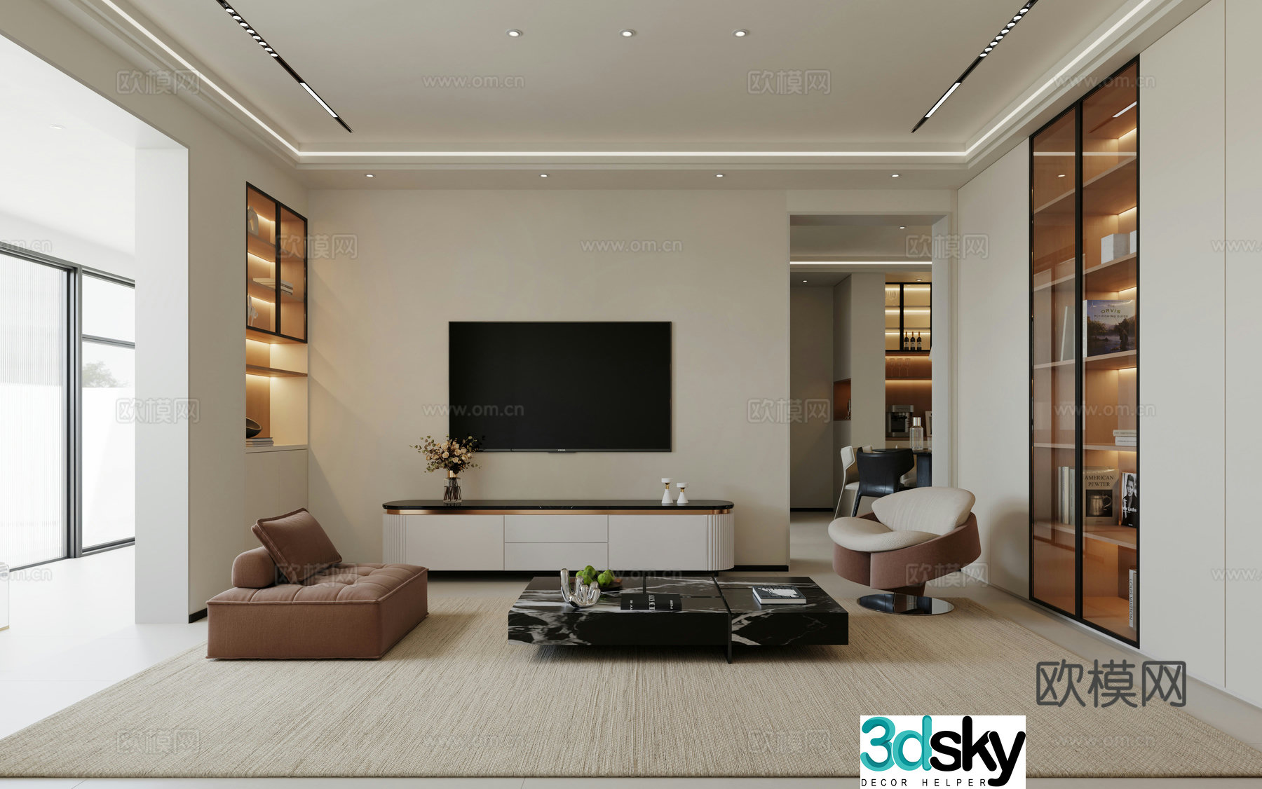 Modern living room combination sofa TV background wall TV cabinet light luxury simple living and dining room 3D model