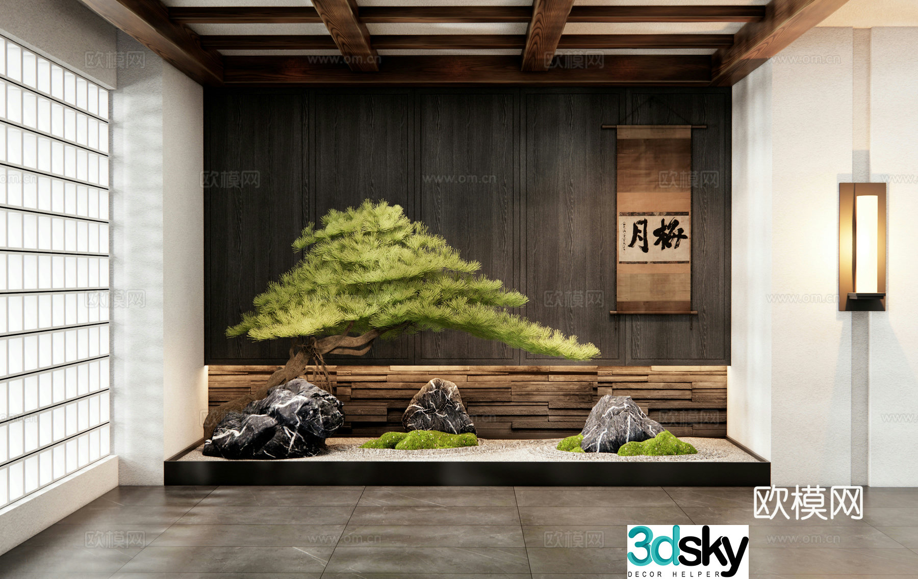 New Chinese style interior landscape courtyard sketch landscape stone moss landscape pine dry landscape 3D model