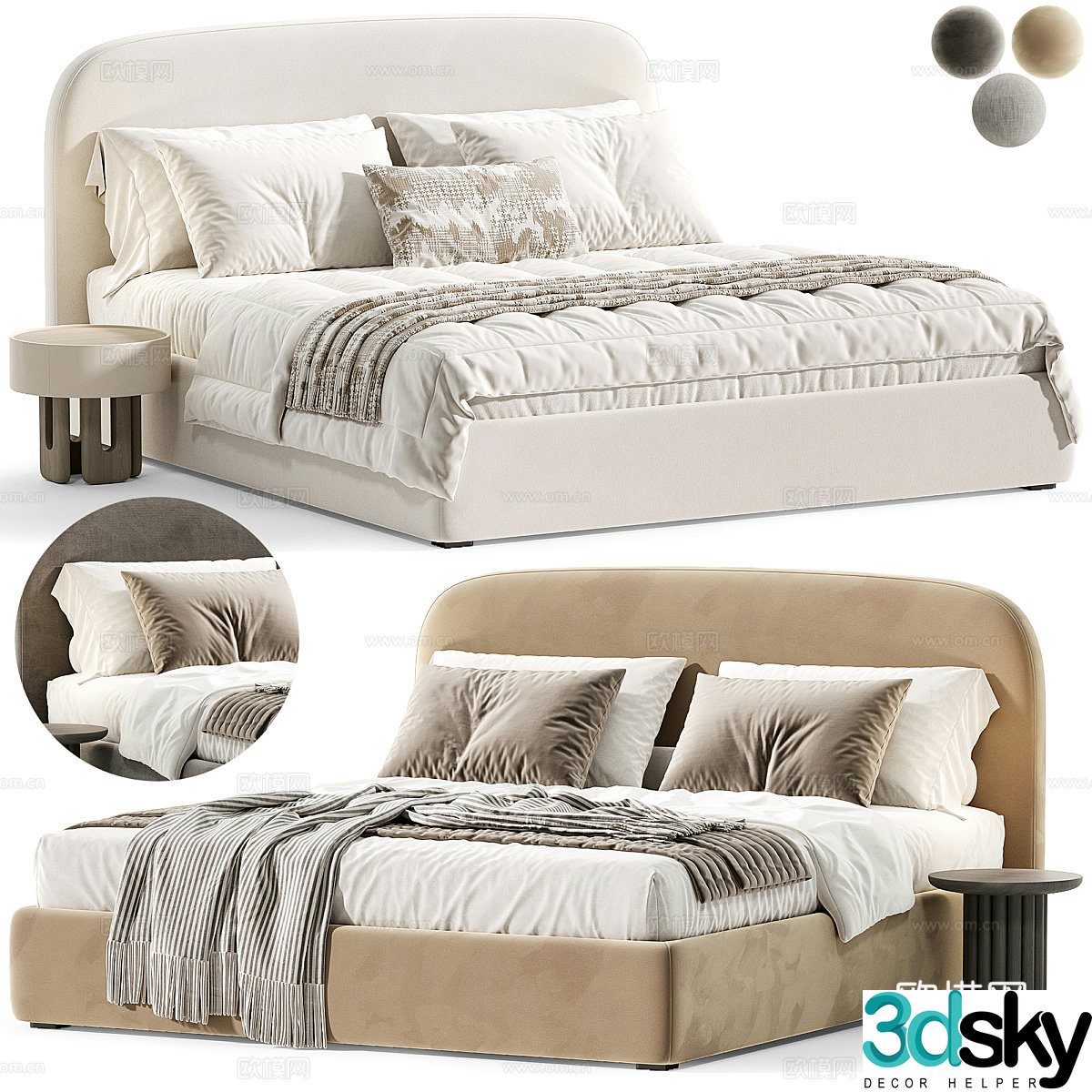 Modern cream style fabric double bed 3d model