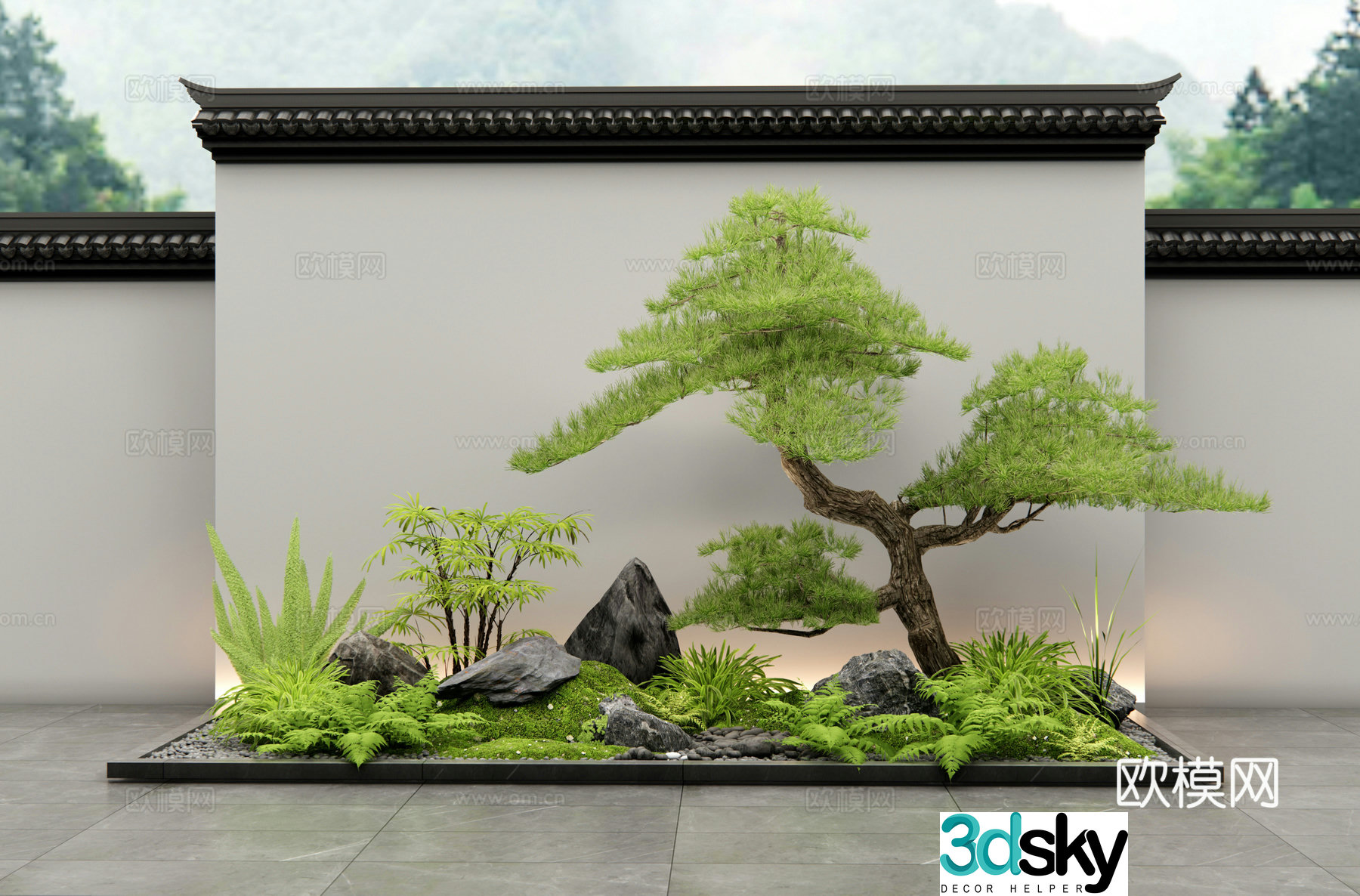 New Chinese style courtyard sketch Plant landscaping Plant combination Plant pile Moss Landscape stone 3D model