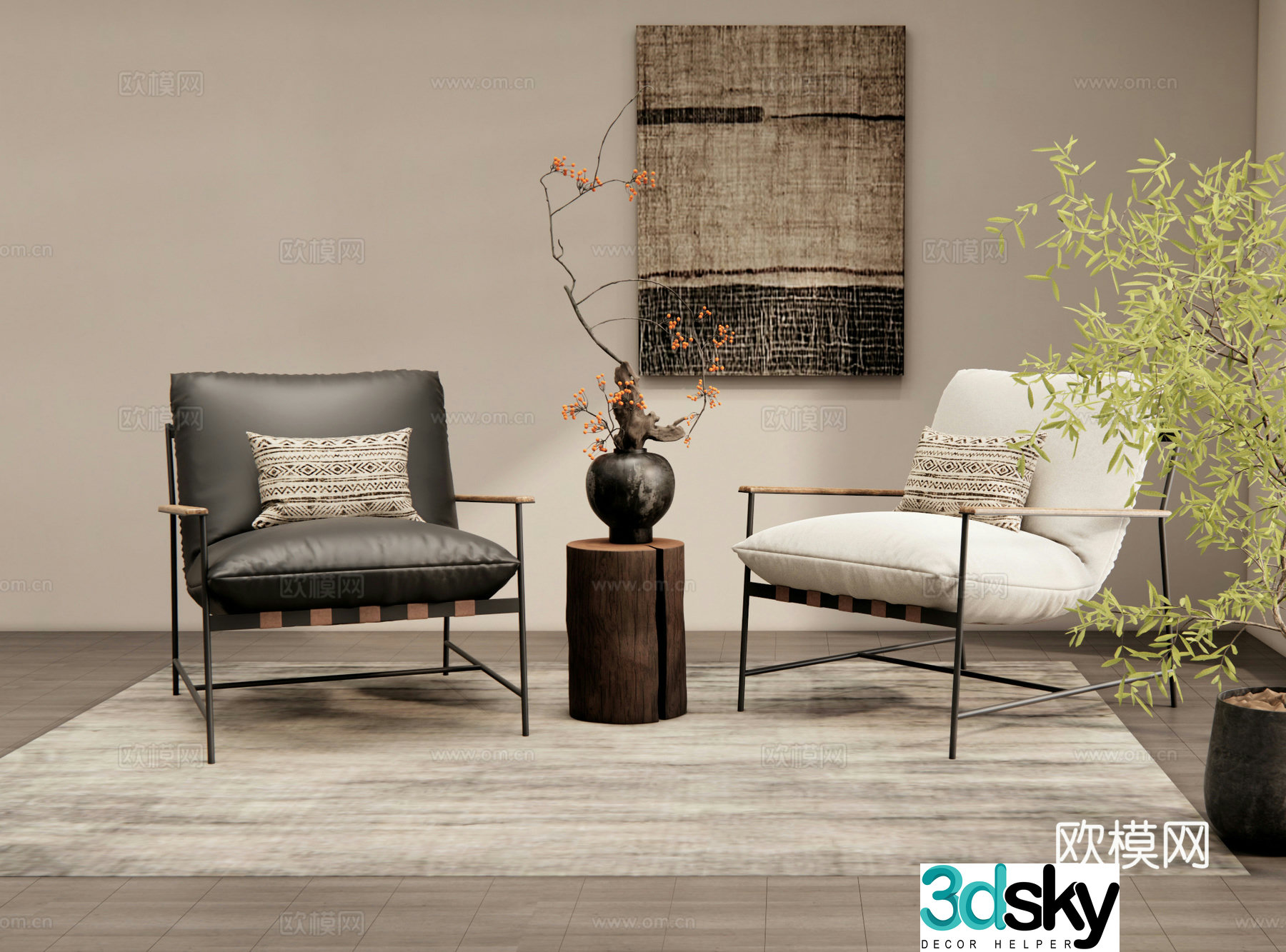 Modern leisure chair recliner single sofa leisure table and chair houseplant potted plant 3D model