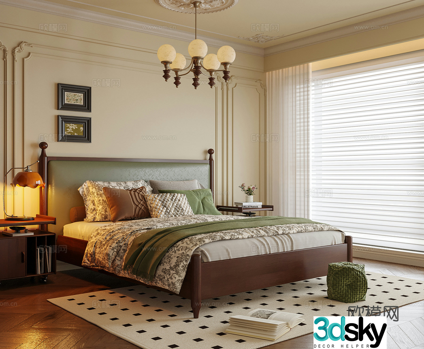 French bedroom double bed nightstand bedroom chandeliers 3d model