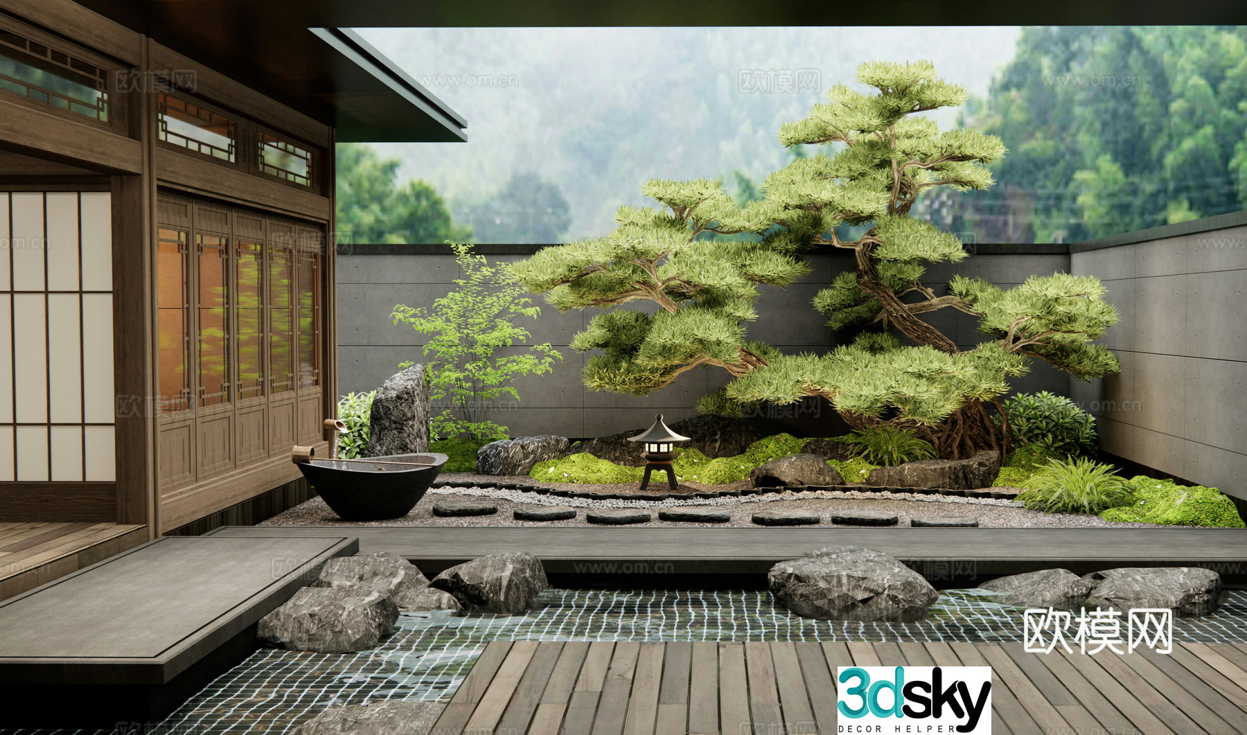 Chinese-style courtyard landscape plant landscaping landscape stone waterscape welcome pine courtyard sketch 3d model
