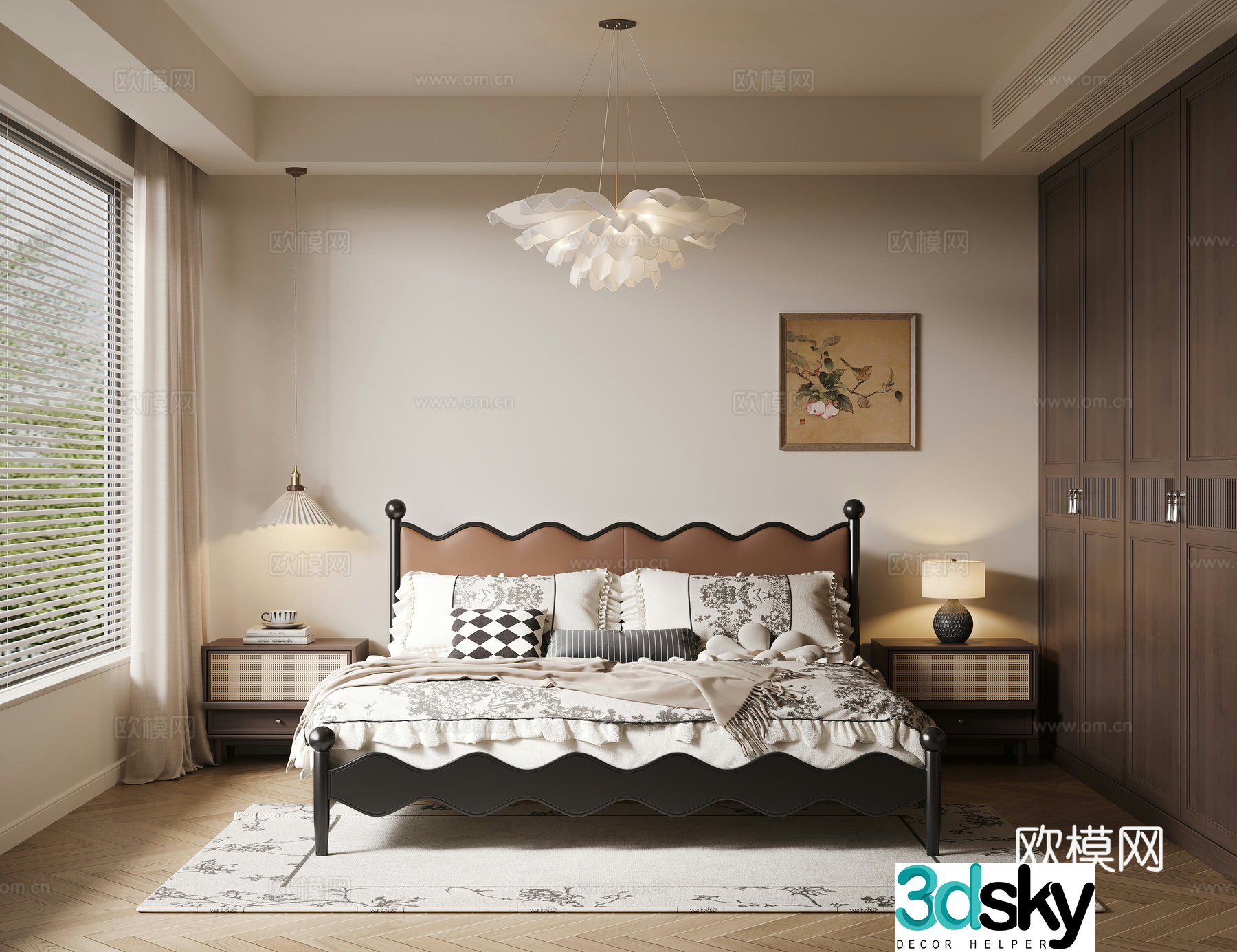 French retro bedroom French double bed retro wardrobe chandelier hanging painting retro bedside table 3d model
