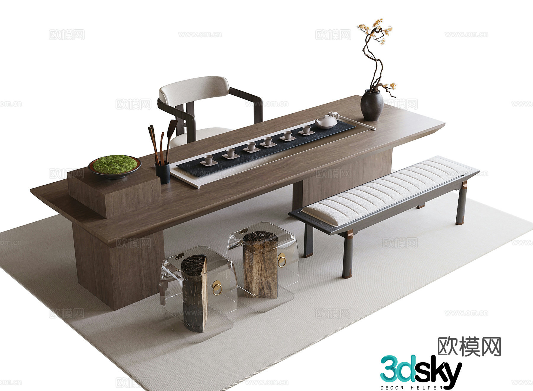 Modern tea table and chair stool bench tea set tea chair 3d model