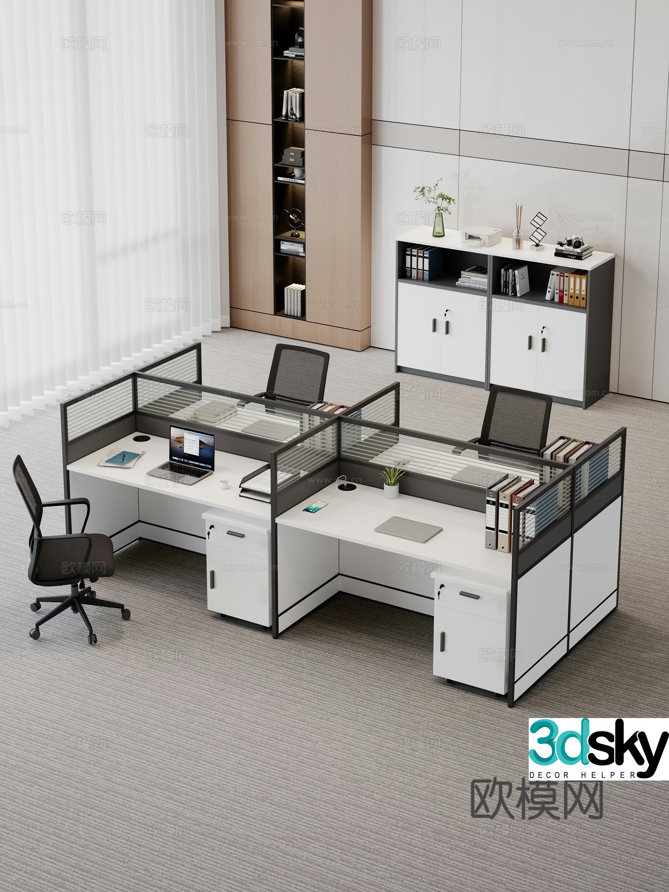 Modern office desk chair employee desk staff desk screen slot public office area 3D model