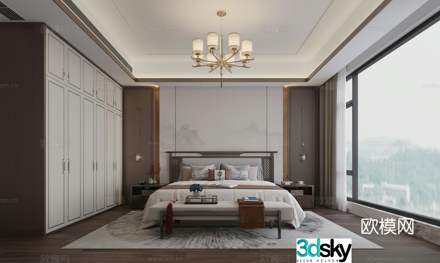 New Chinese style master bedroom New Chinese style bed combination New Chinese style chandeliers 3D model