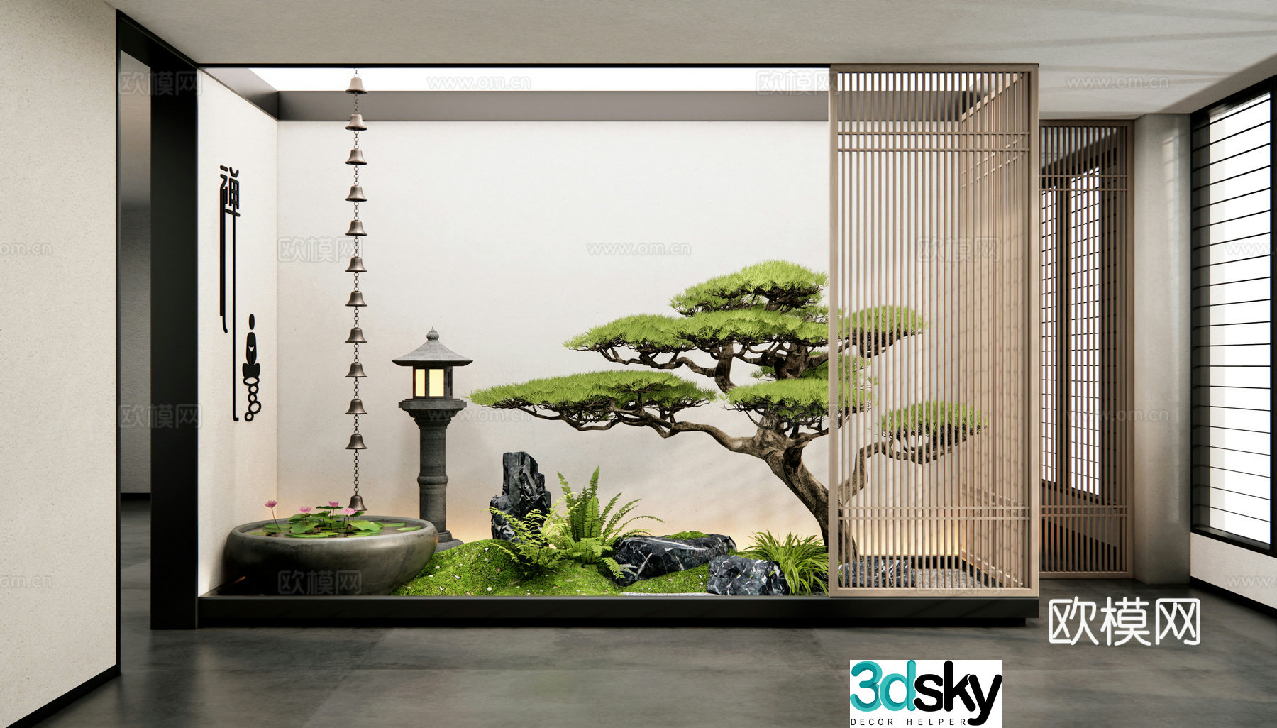 New Chinese style interior landscape garden garden sketch patio landscape moss stone water bowl rain chain 3D model