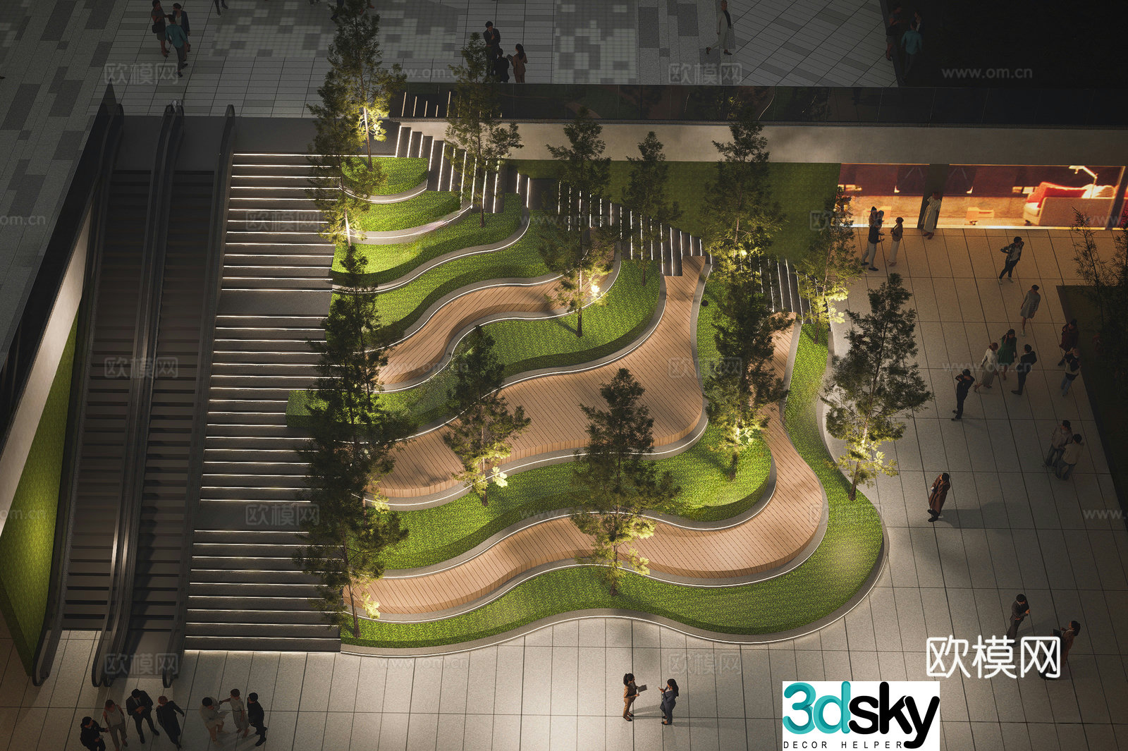 Modern stair landscape Square sinking stairs Wooden platform 3D model