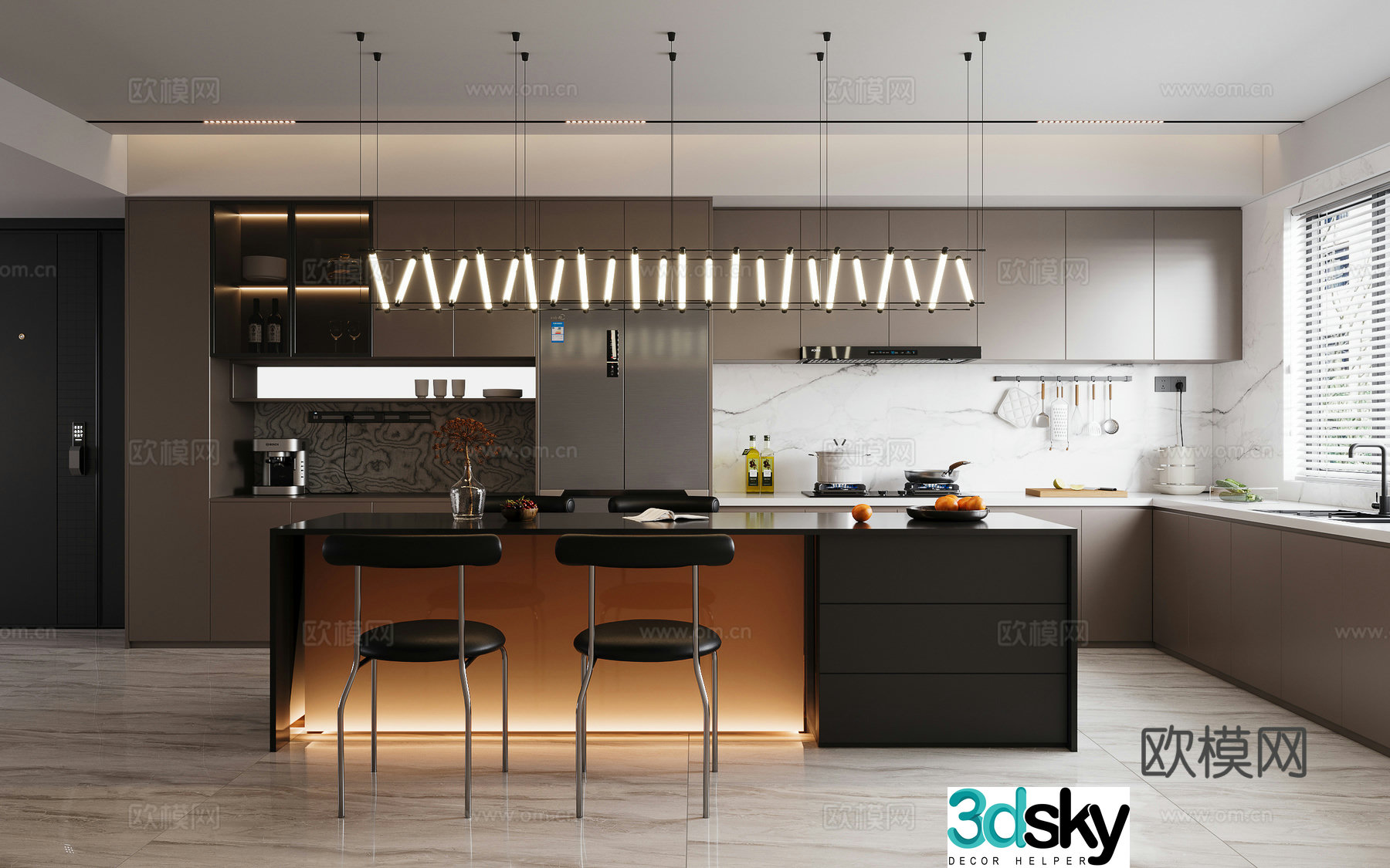 Modern island restaurant Long stool chandelier Side range hood Refrigerator Security door 3D model