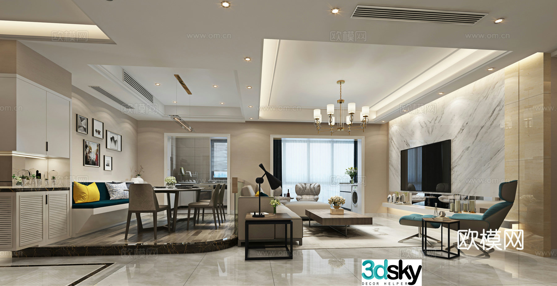 Modern living room dining room sofa coffee table chandeliers hanging paintings desktop ornaments dining tables and chairs 3D model
