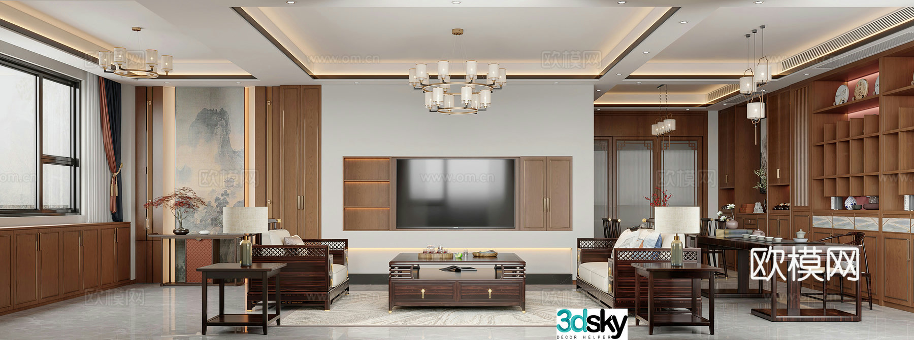 New Chinese living room combination sofa tea room tea table solid wood furniture mahogany furniture 3D model