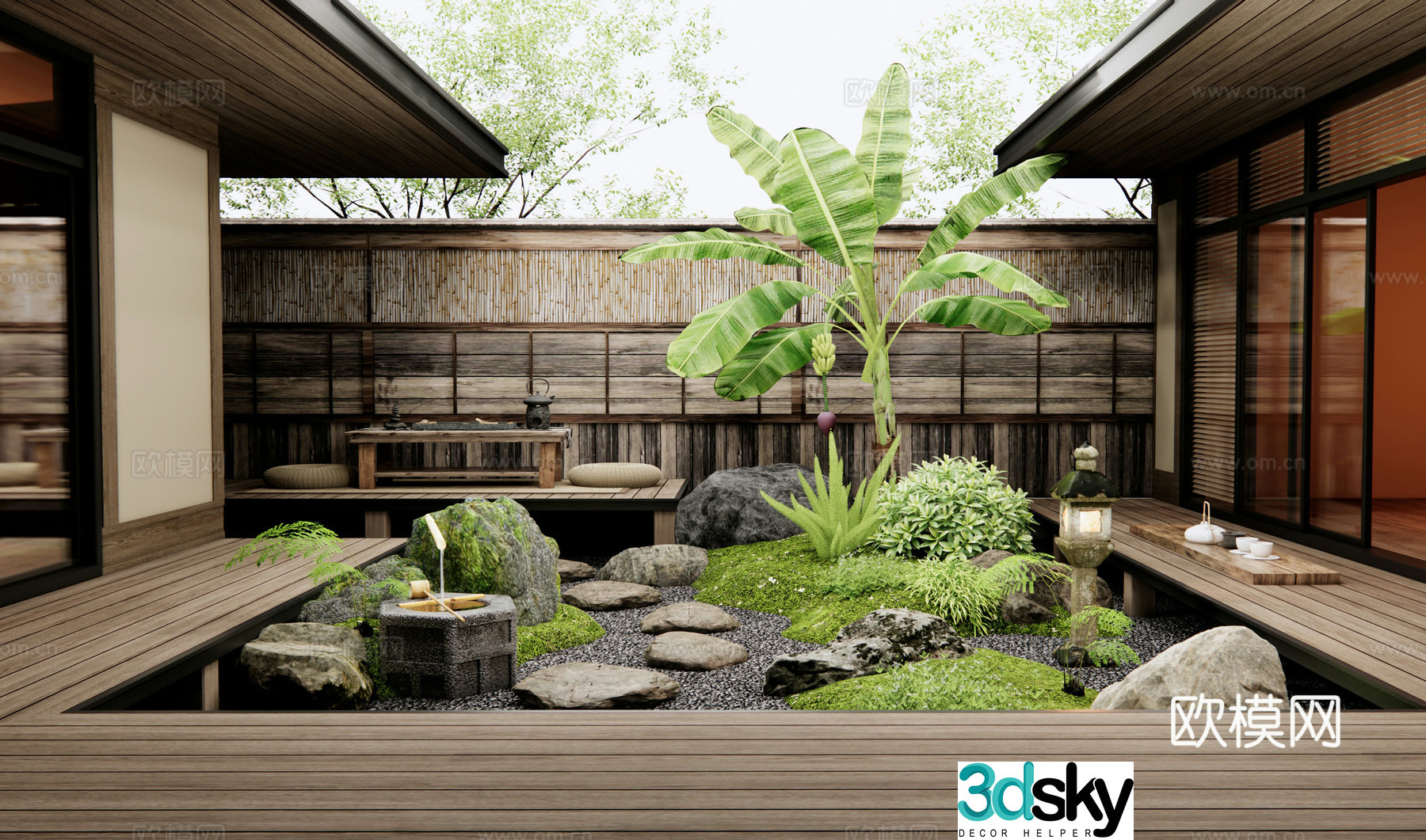 Japanese style dry landscape garden landscape stones tingstep micro-terrain water bowl plant pile 3d model