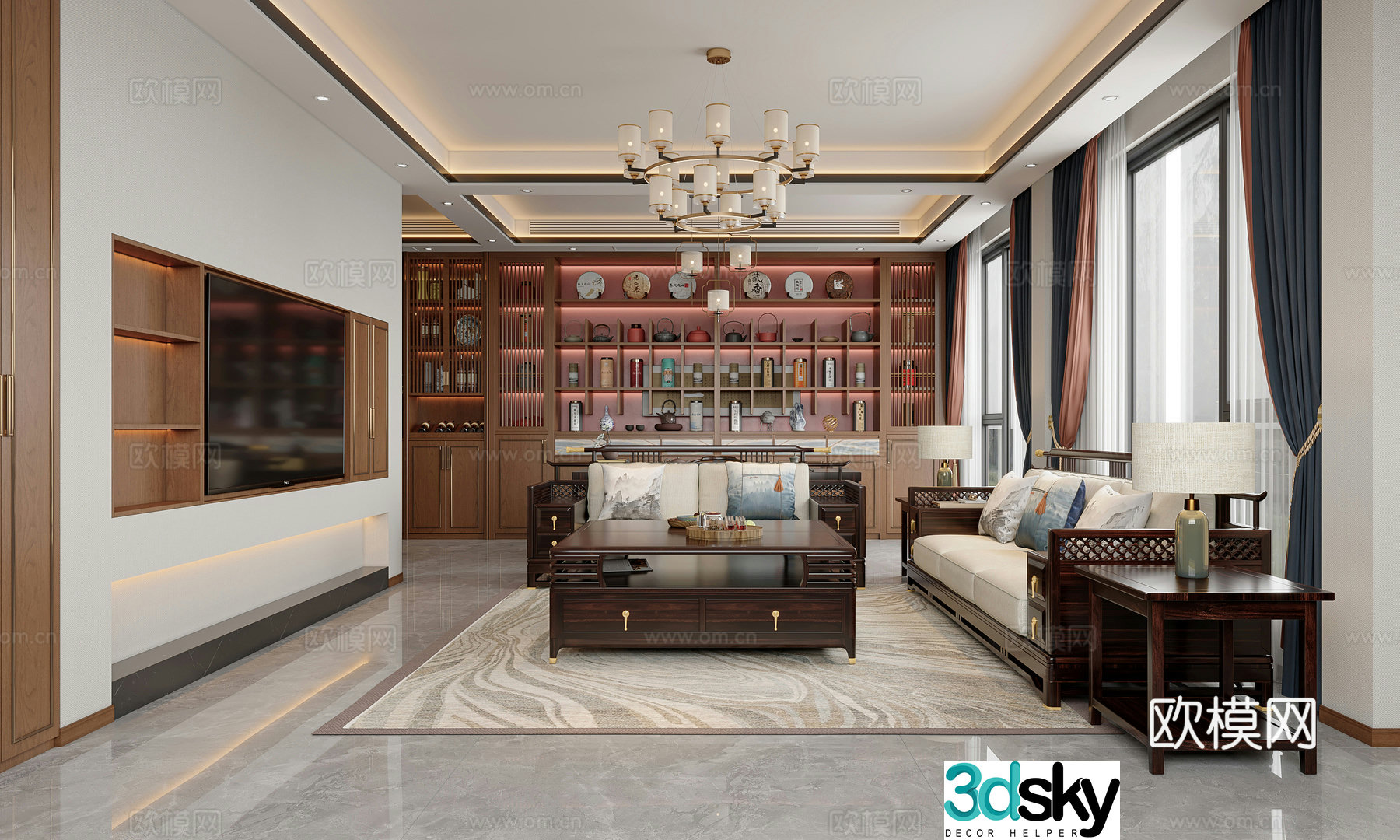 New Chinese living room combination sofa solid wood furniture mahogany furniture tea cabinet wine cabinet 3D model