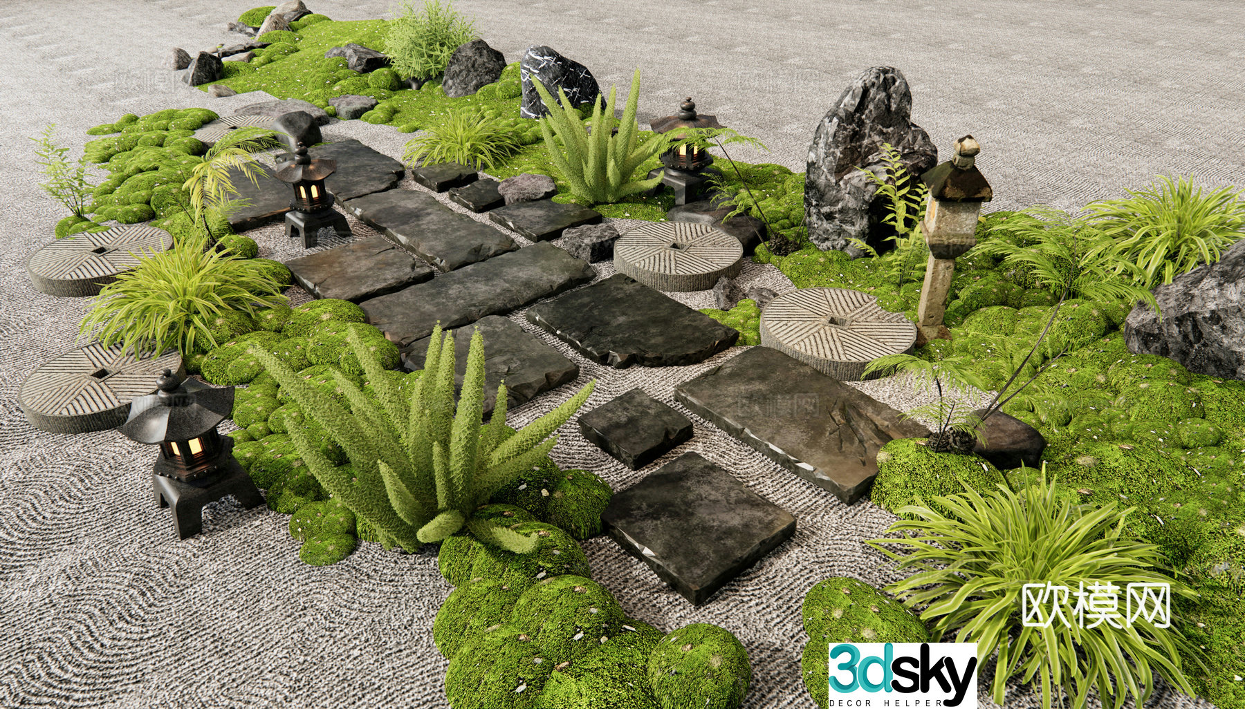 New Chinese style tread bryophyte landscape garden sketch micro terrain landscape stone 3d model