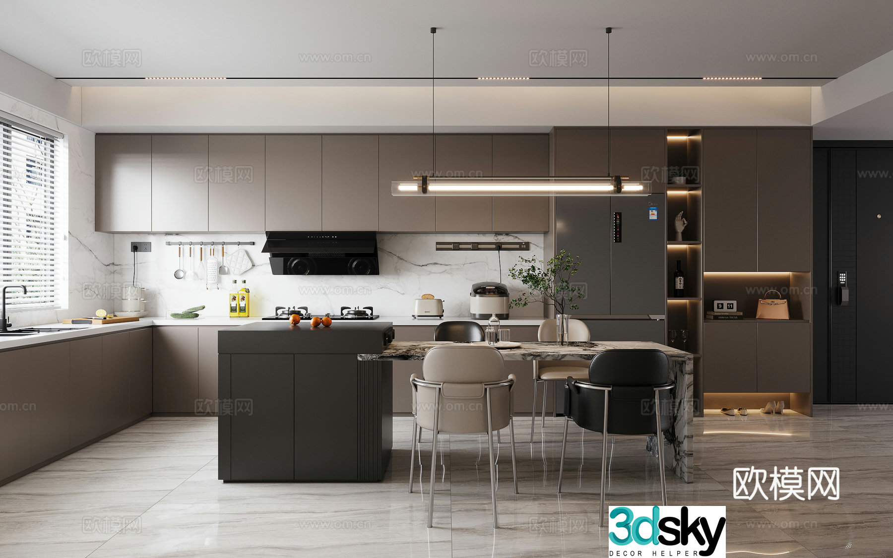 Modern island restaurant Long chandeliers Side range hood Refrigerator Security door 3D model