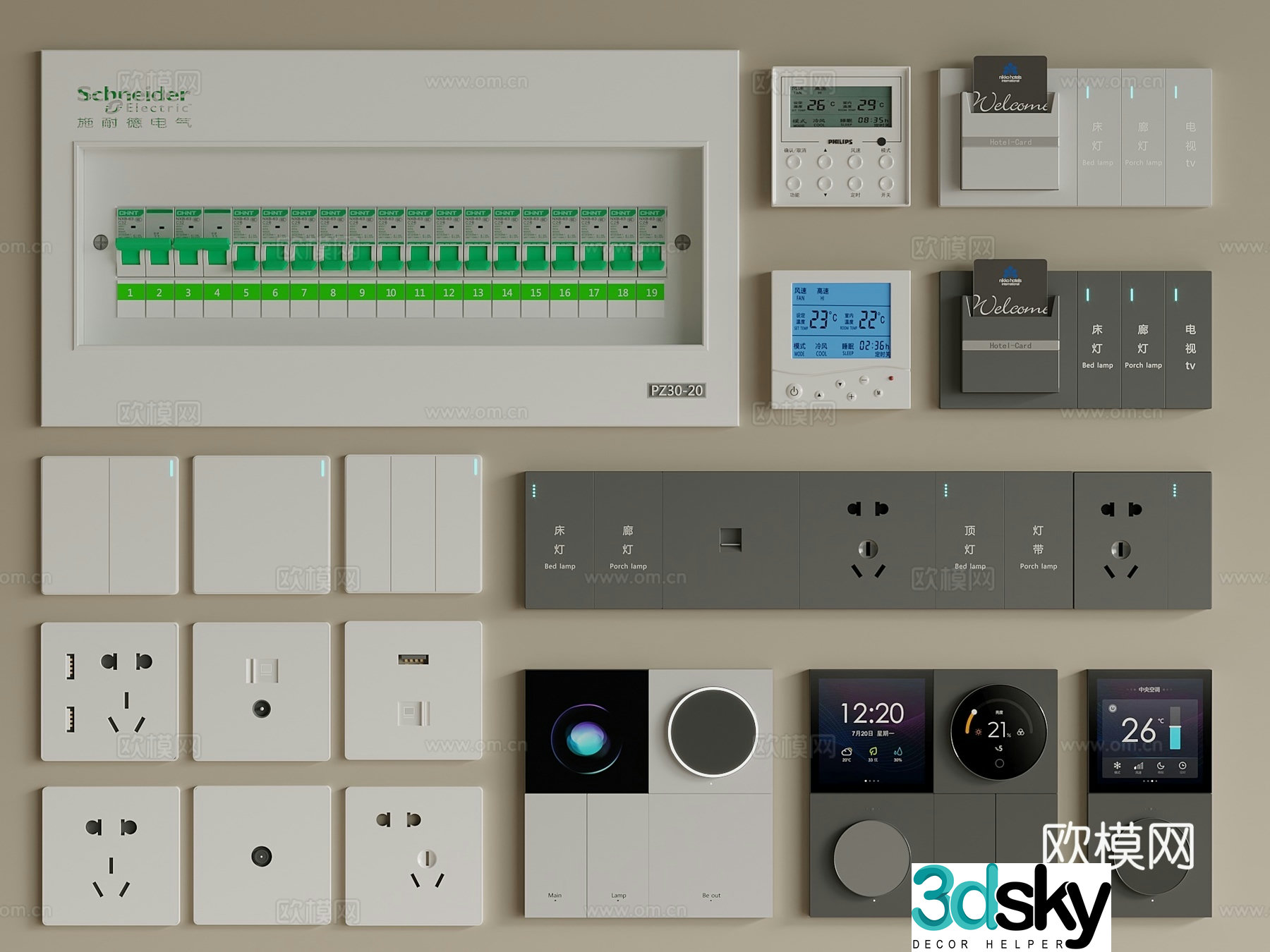 Modern switch Hotel switch Air conditioning switch Socket Distribution box Smart panel 3D model