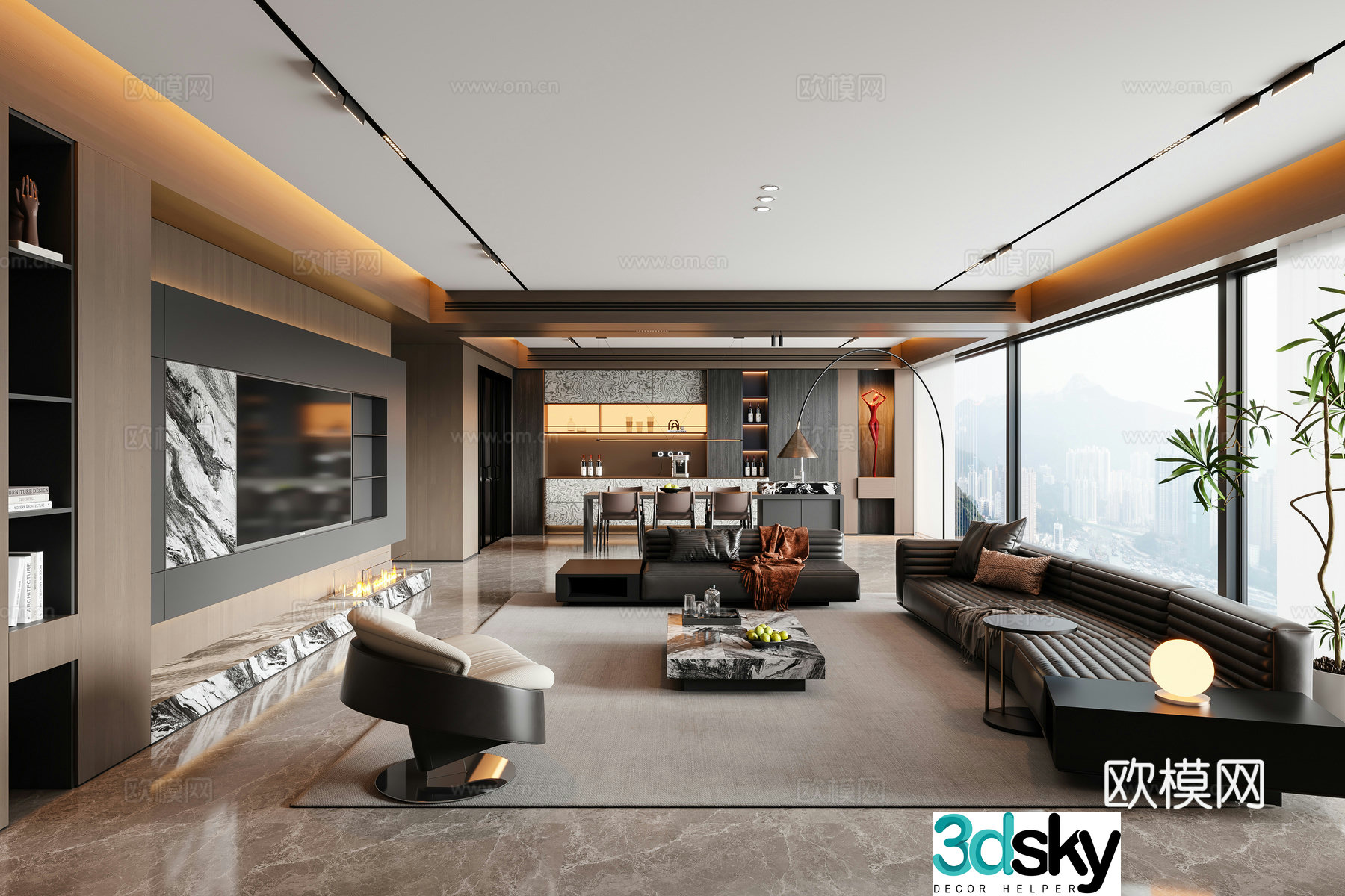Modern Italian dining room sofa coffee table dining table chair chandeliers TV background wall wine cabinet 3d model